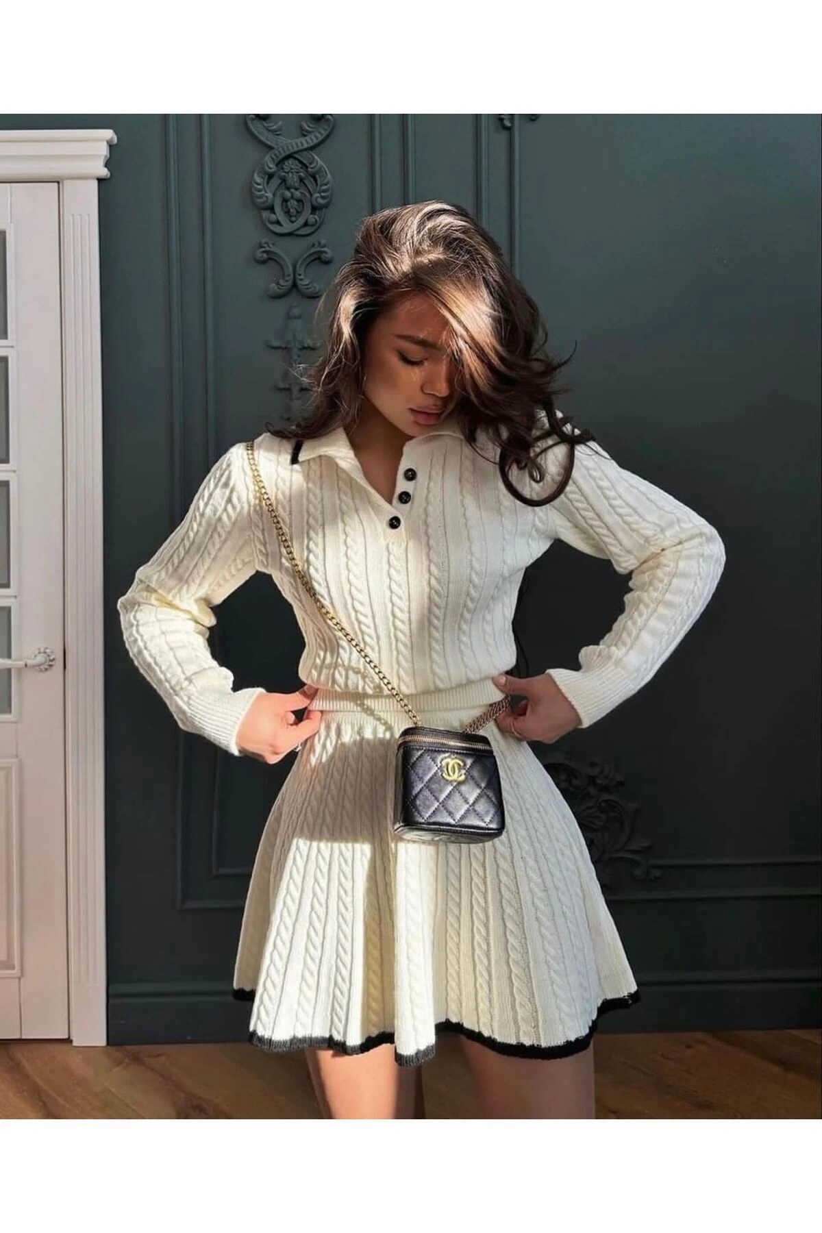 Kadın Polo Yaka Şık Kazak Etek İkili Triko Takım - Ekru