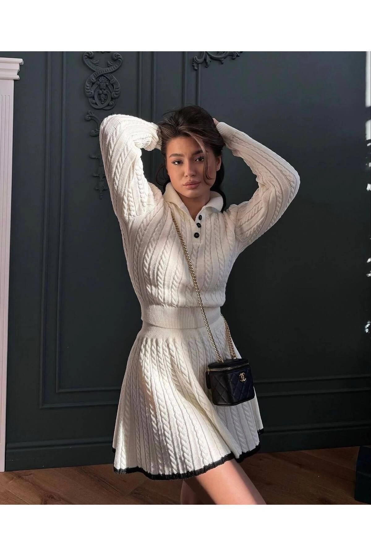 Kadın Polo Yaka Şık Kazak Etek İkili Triko Takım - Ekru