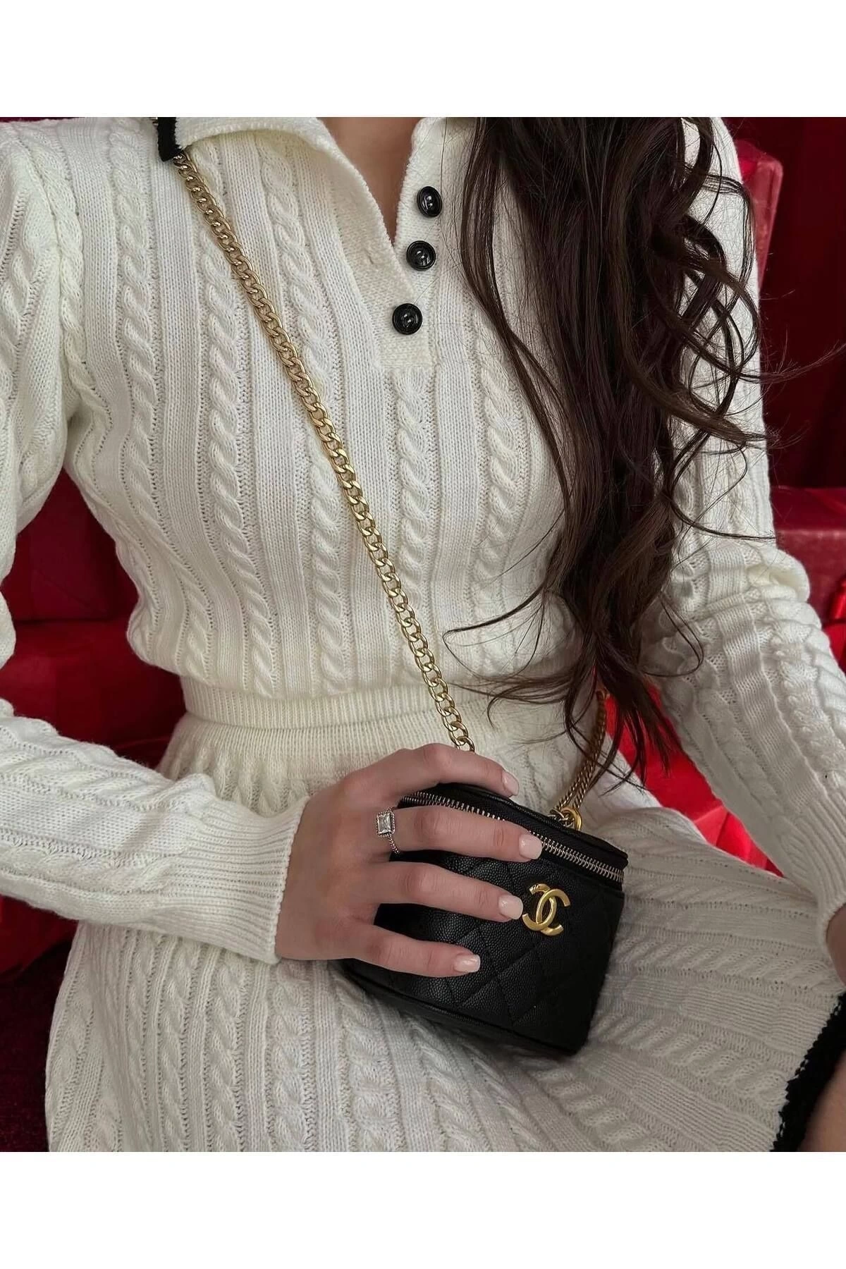 Kadın Polo Yaka Şık Kazak Etek İkili Triko Takım - Ekru