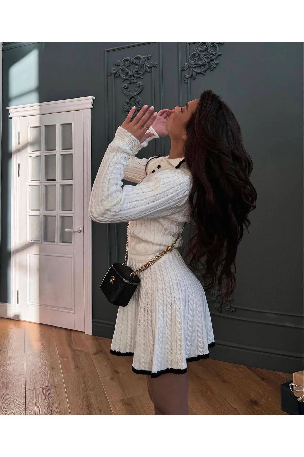 Kadın Polo Yaka Şık Kazak Etek İkili Triko Takım - Ekru