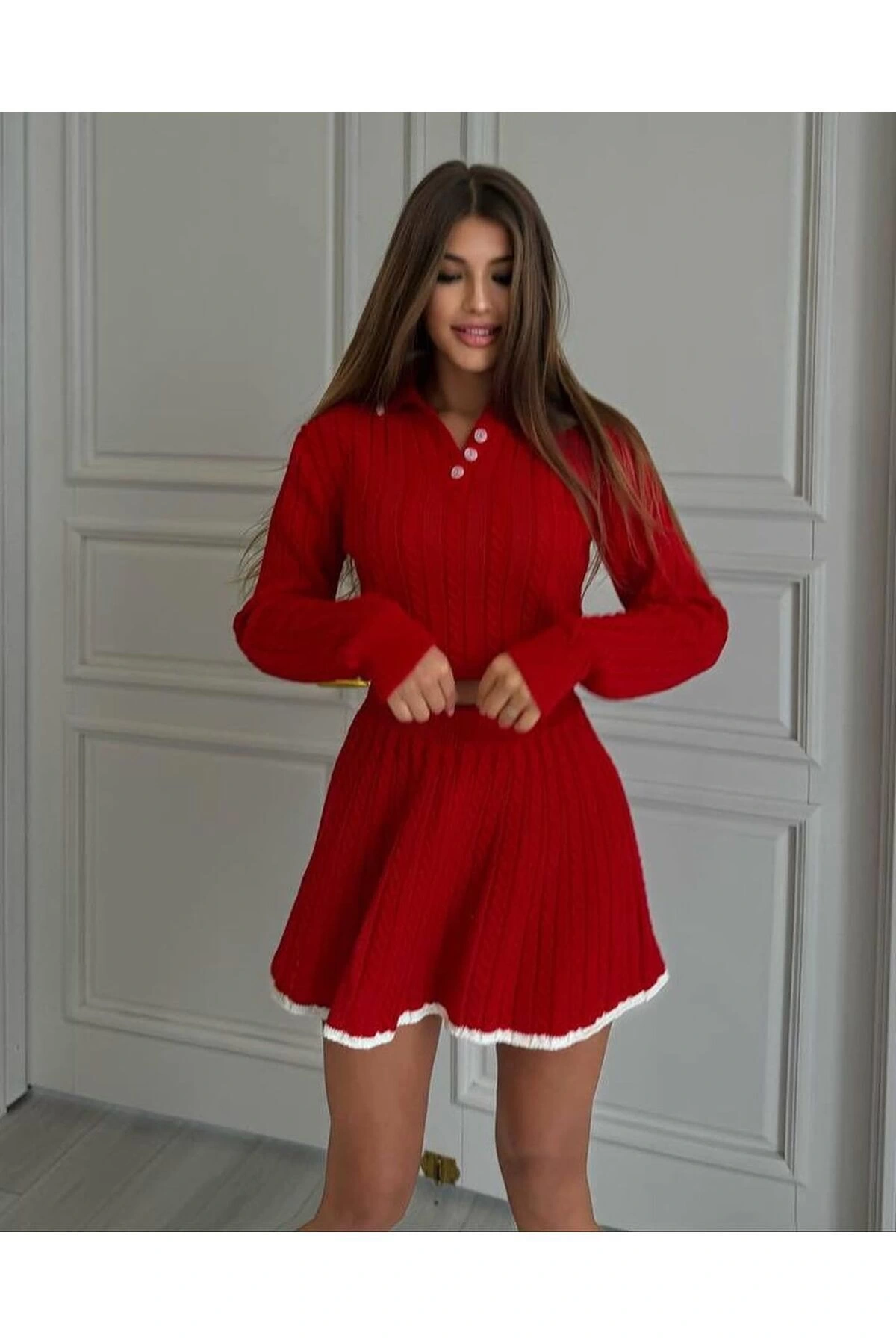 Kadın Polo Yaka Şık Kazak Etek İkili Triko Takım - Kırmızı