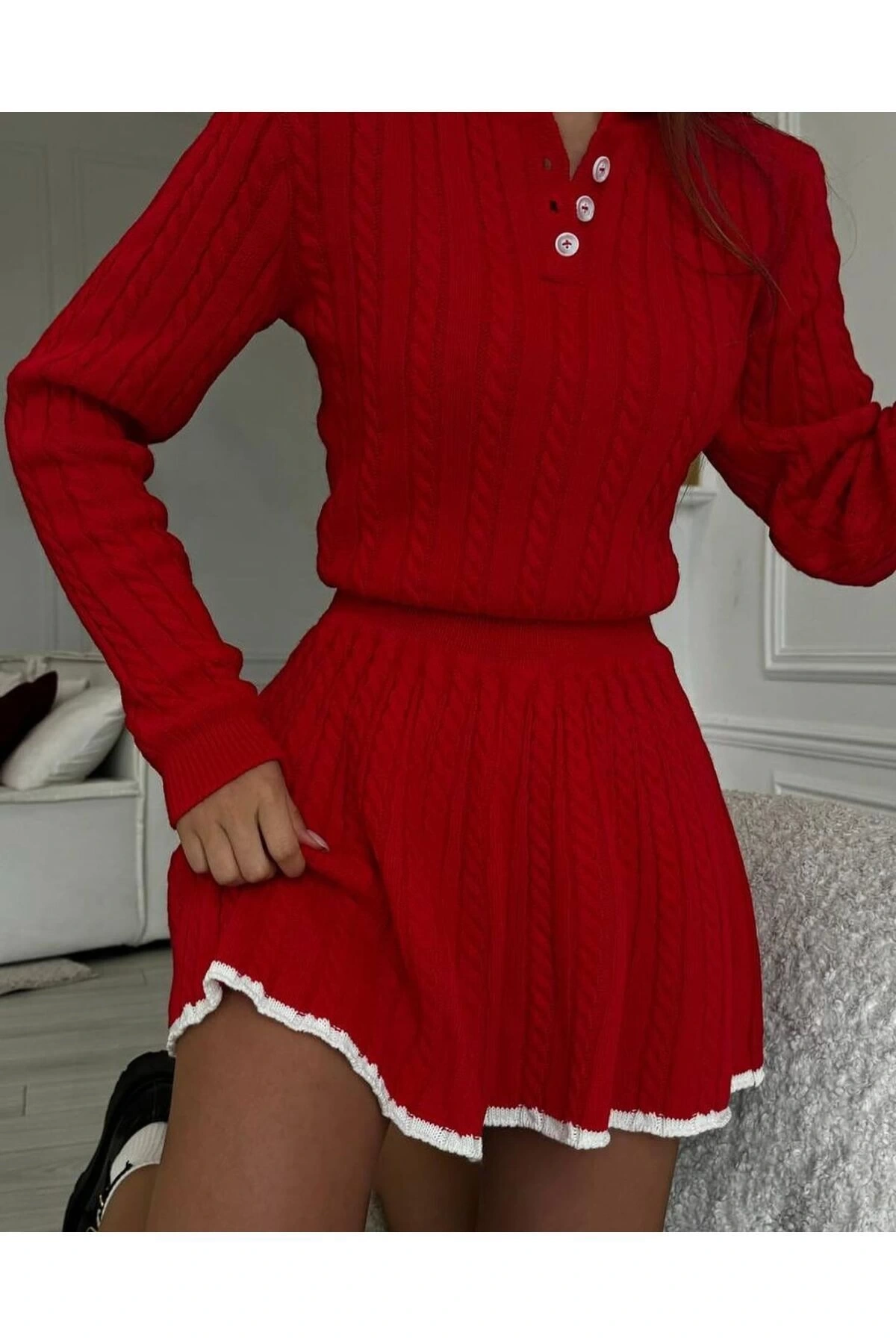 Kadın Polo Yaka Şık Kazak Etek İkili Triko Takım - Kırmızı