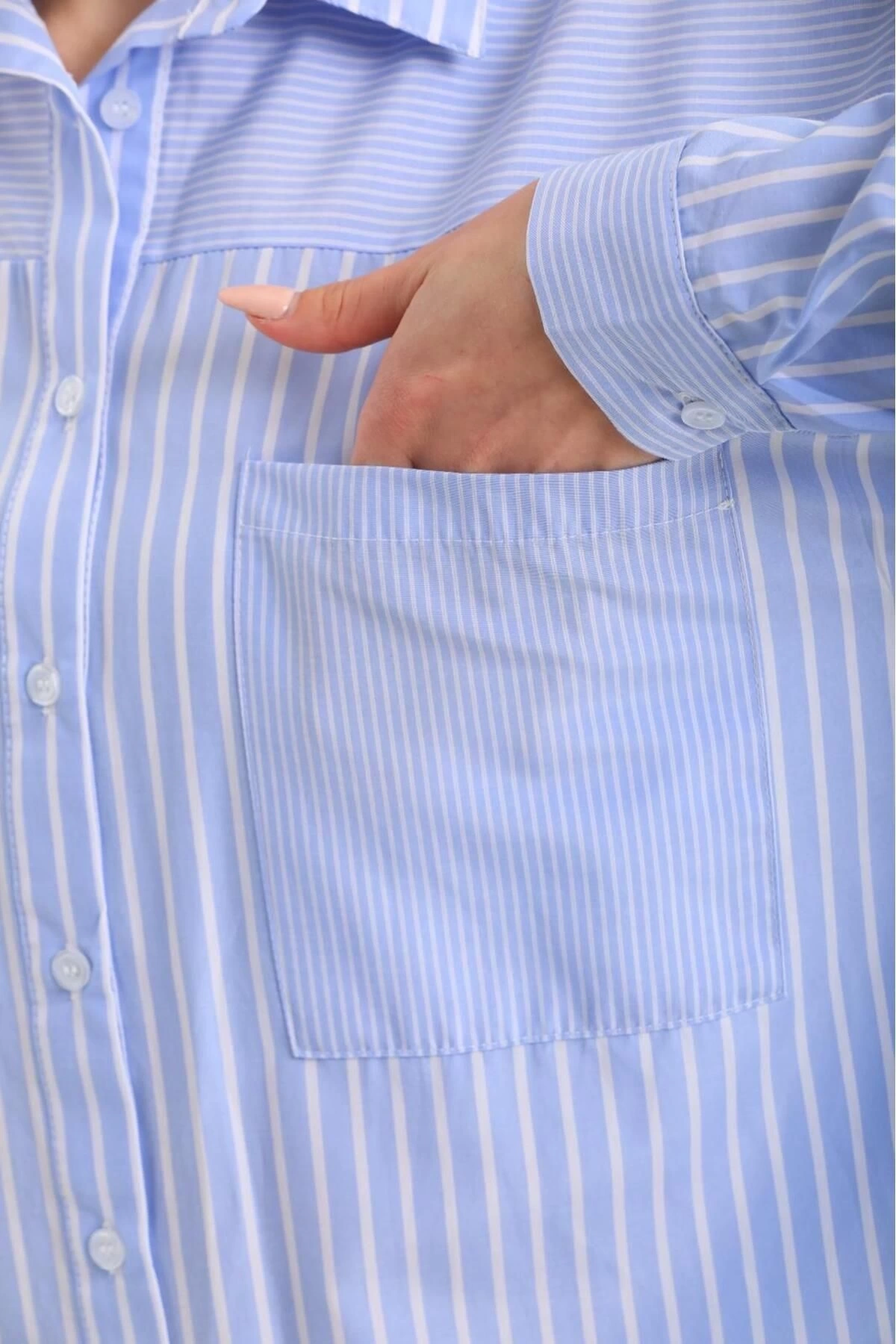 Kadın Mavi Premium Kalite Cepli Çizgili Uzun Kol Oversize Gömlek