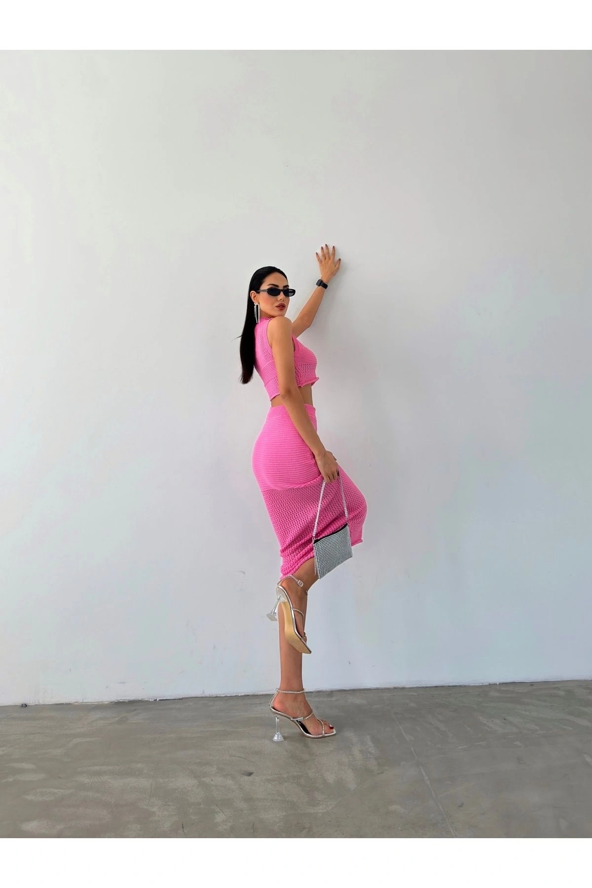 Kadın Pembe Bluz Etekli İkili Yazlık Triko Takım