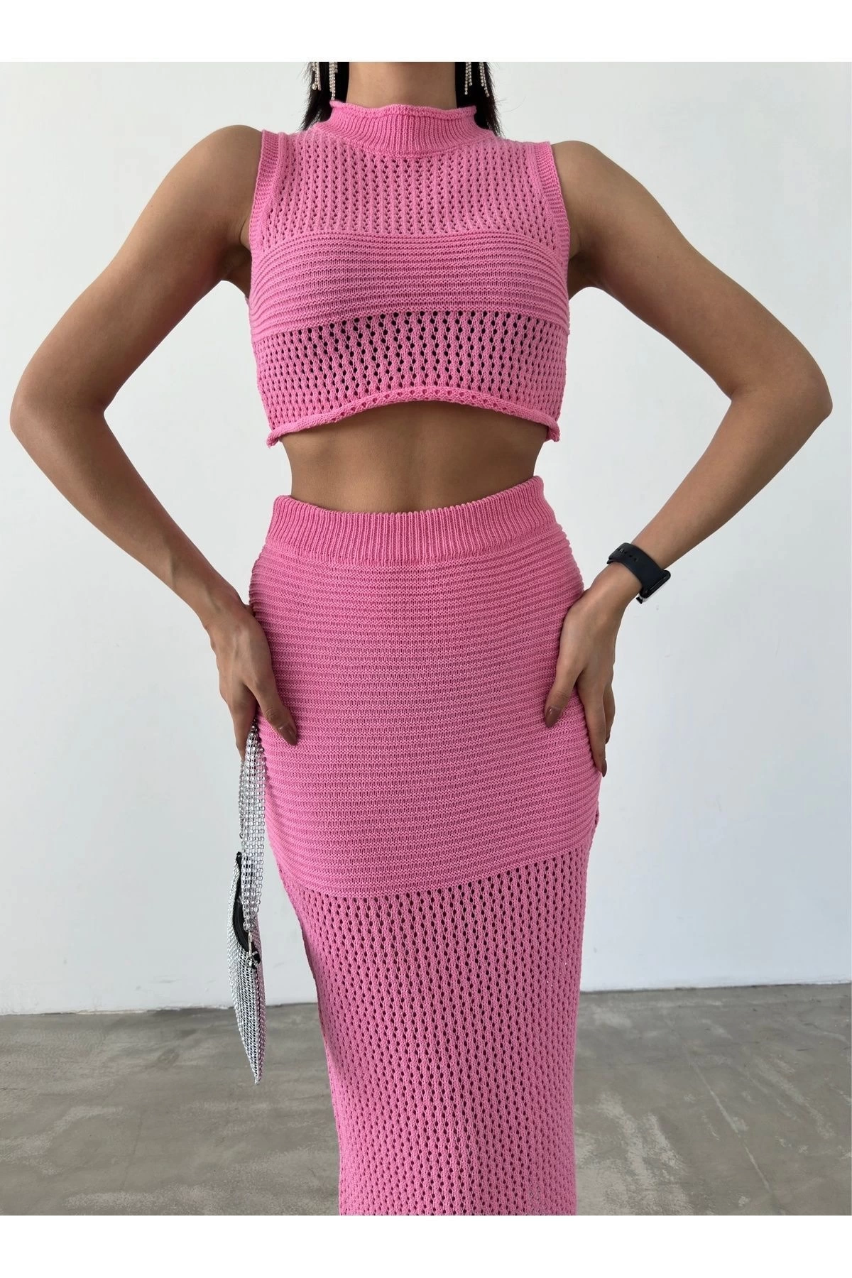 Kadın Pembe Bluz Etekli İkili Yazlık Triko Takım