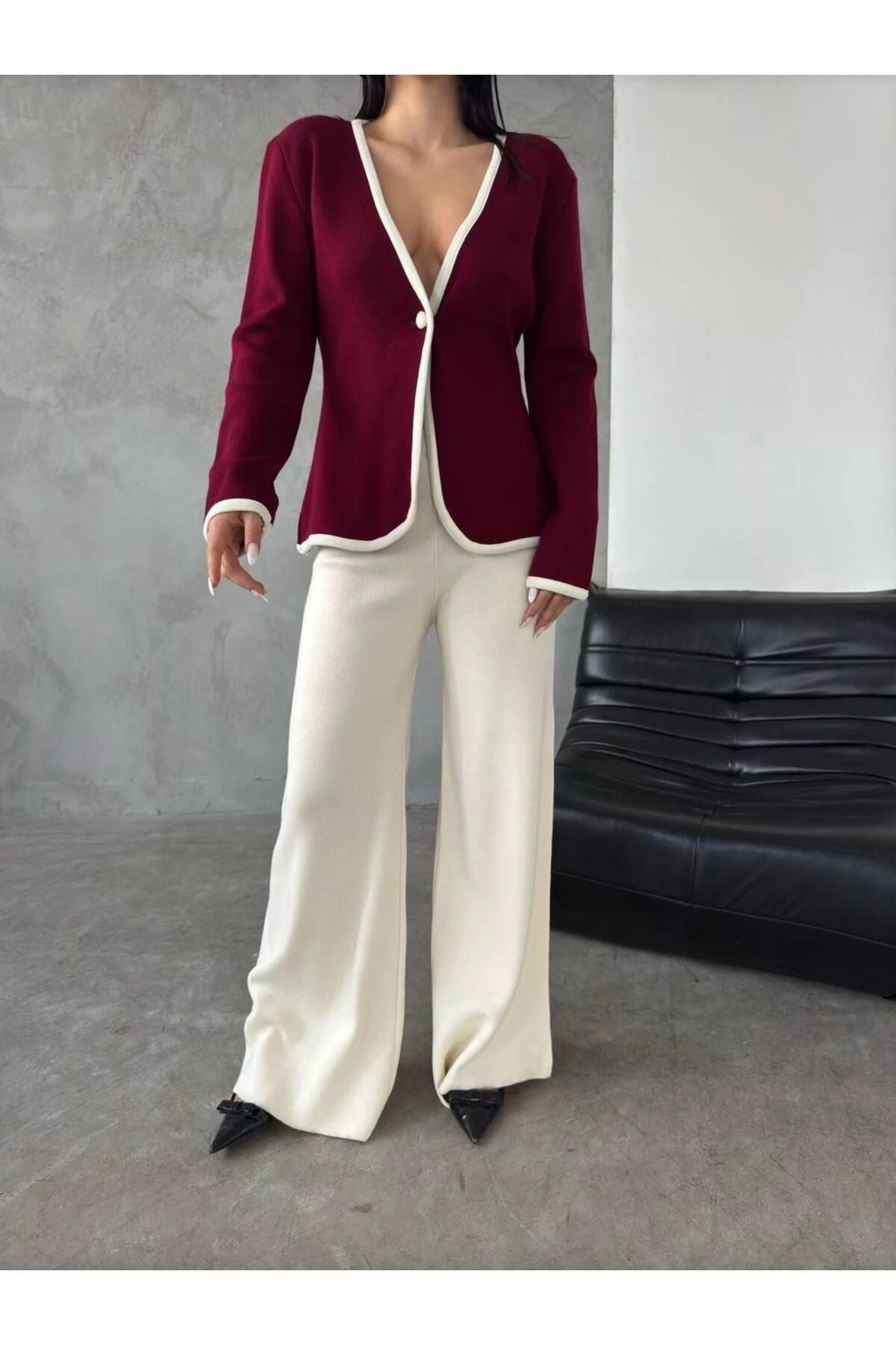 Kadın Bordo Triko Ceket Yelek Pantolon Alt Üst İkili Triko Takım