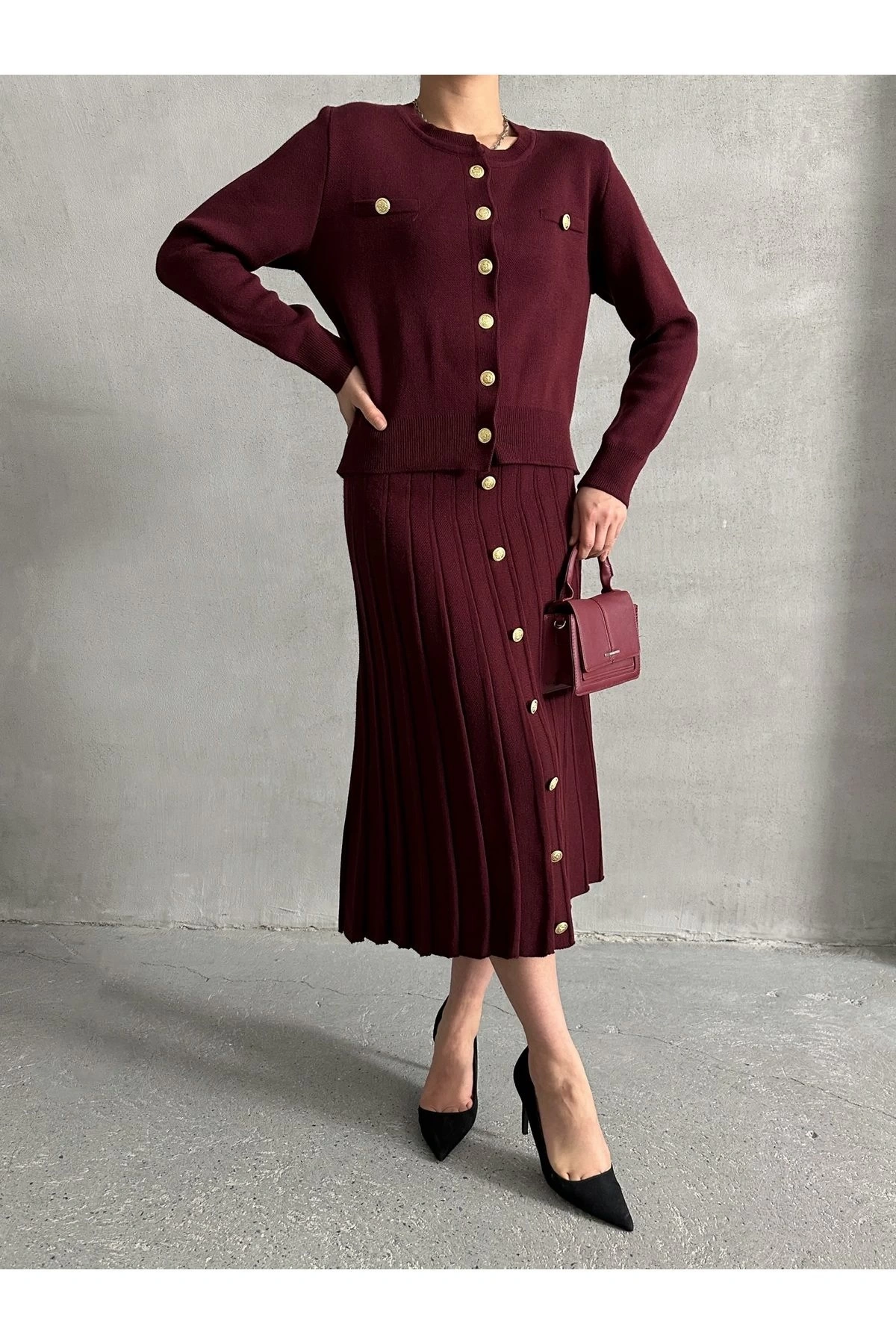 Kadın Bordo Düğme Detaylı Hırka Midi Etek Ikili Triko Takım S/m