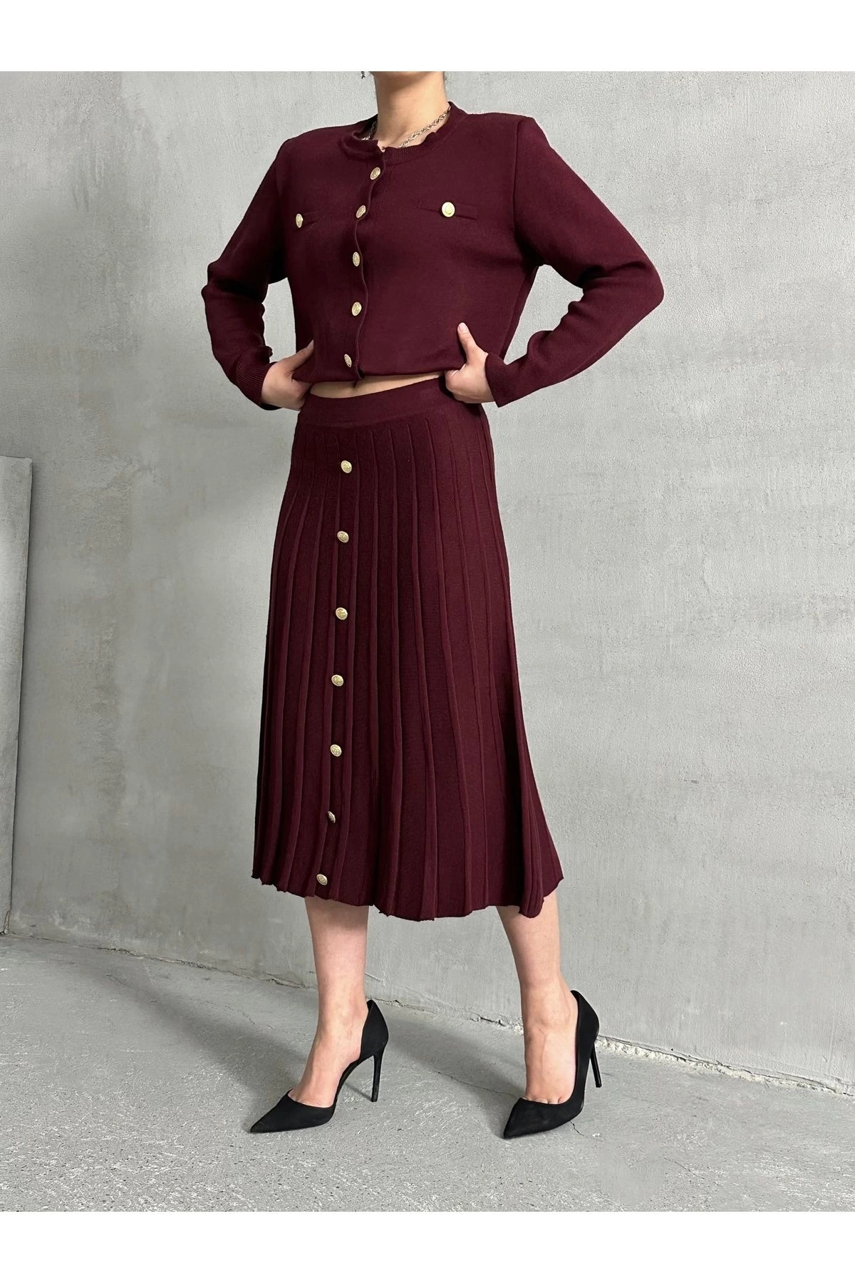 Kadın Bordo Düğme Detaylı Hırka Midi Etek Ikili Triko Takım S/m