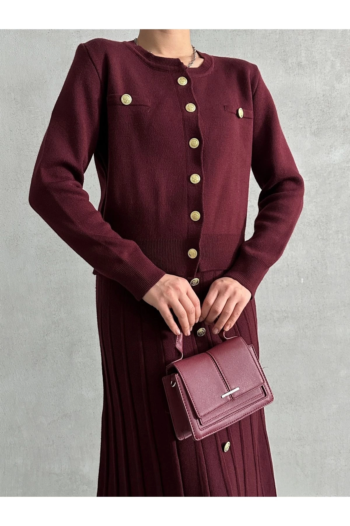 Kadın Bordo Düğme Detaylı Hırka Midi Etek Ikili Triko Takım S/m