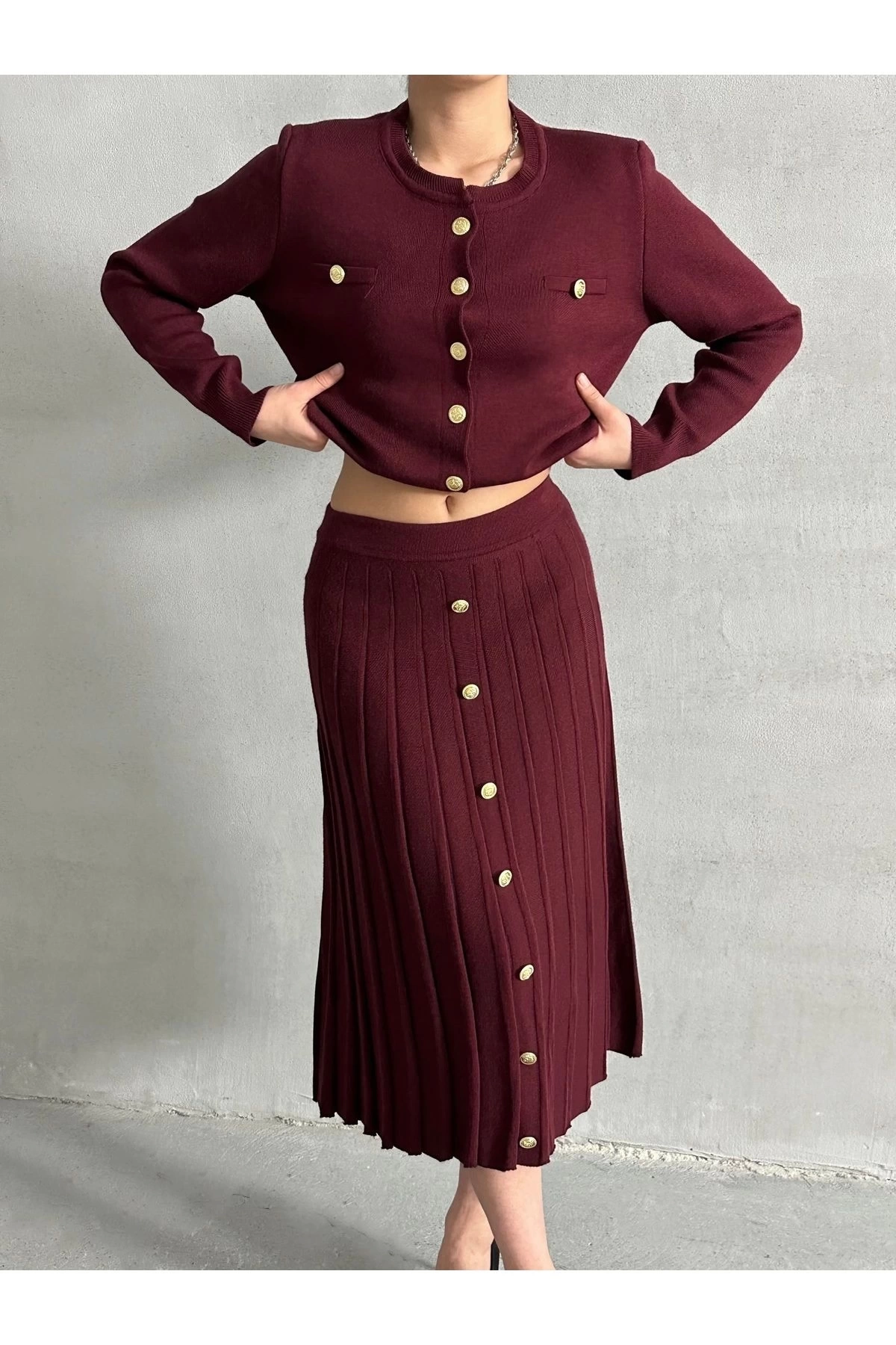 Kadın Bordo Düğme Detaylı Hırka Midi Etek Ikili Triko Takım S/m