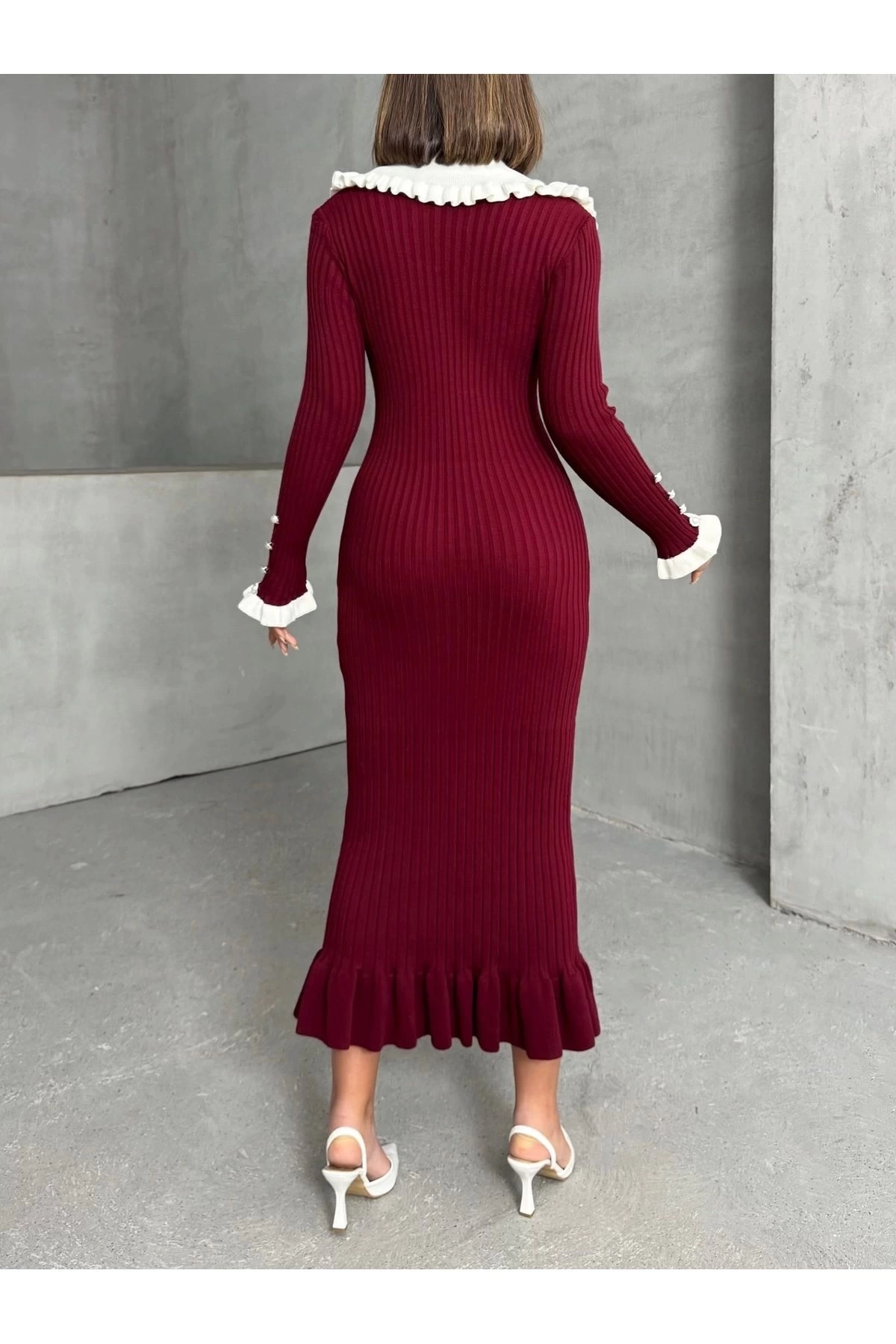 Kadın Bordo Şık Yaka Detaylı Midi Boy Triko Elbise