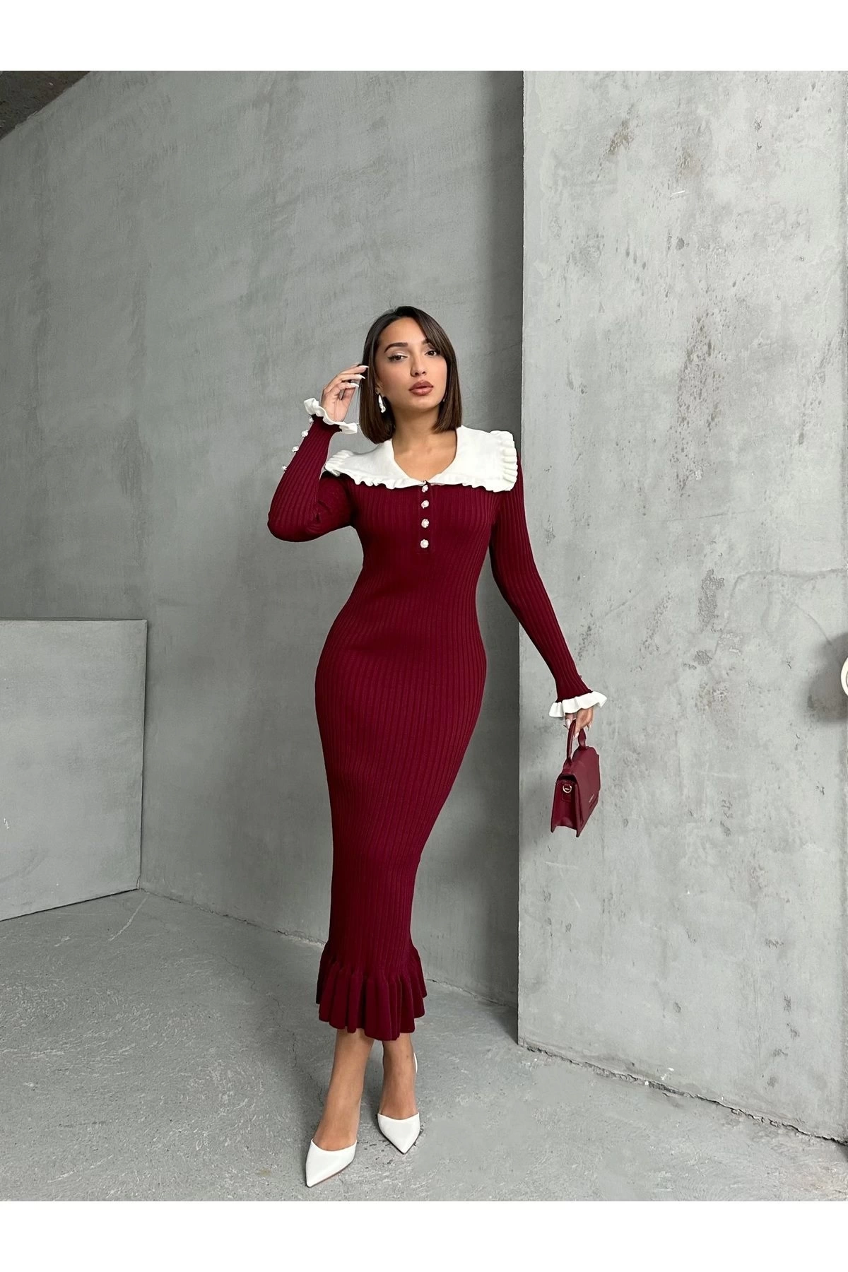 Kadın Bordo Şık Yaka Detaylı Midi Boy Triko Elbise