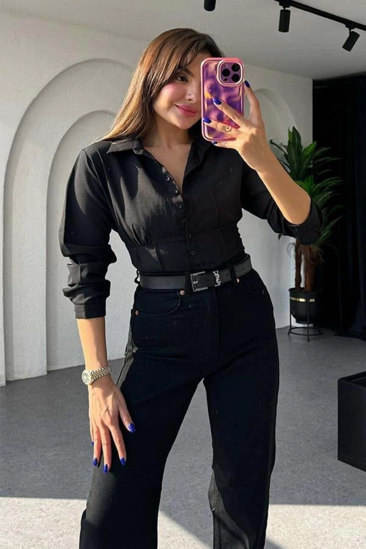 Kadın Fit Kesim Korse Detay Dokuma Crop Gömlek - Siyah