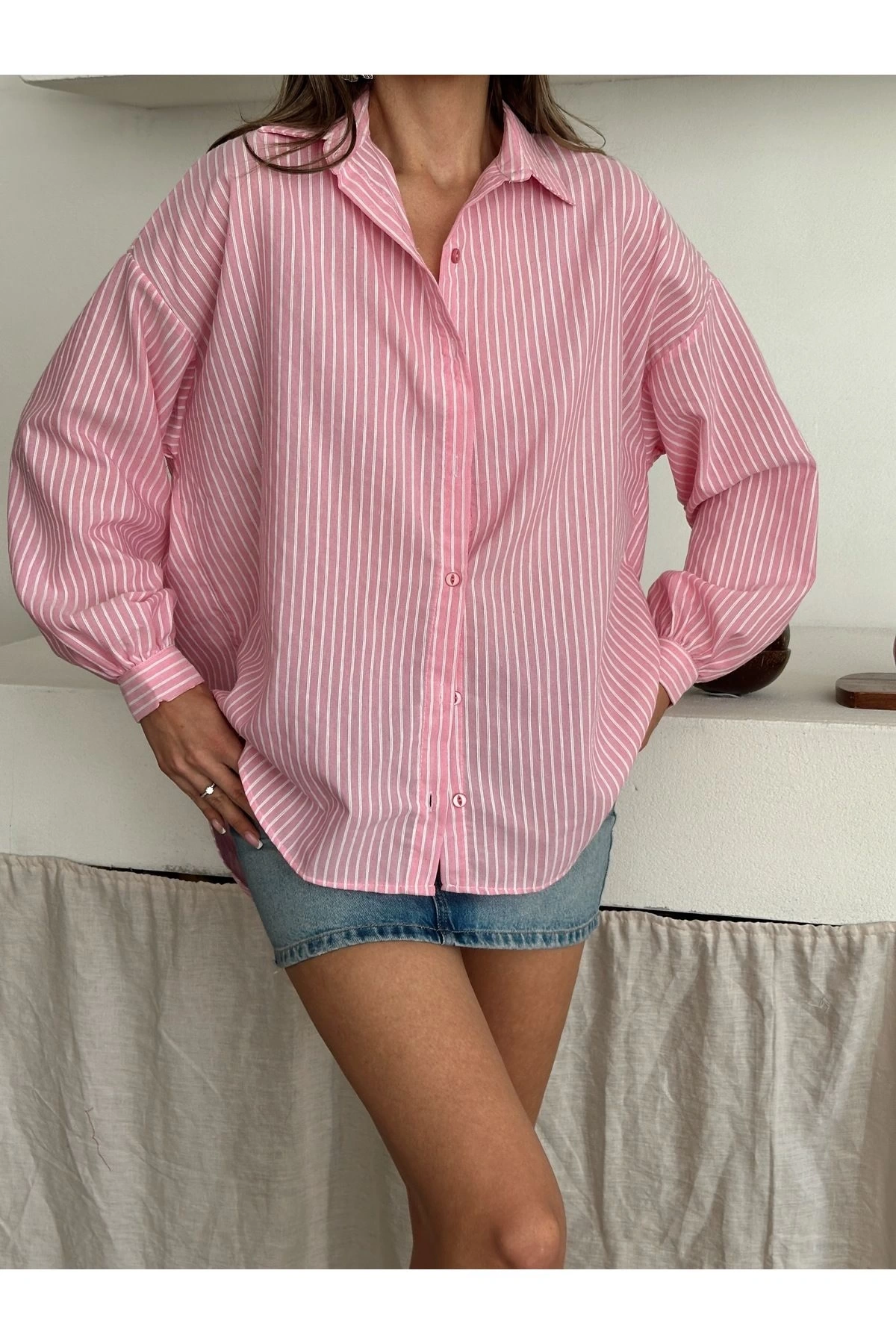 Kadın Pembe Premium Kalite Çizgili Oversize Balon Kol Gömlek