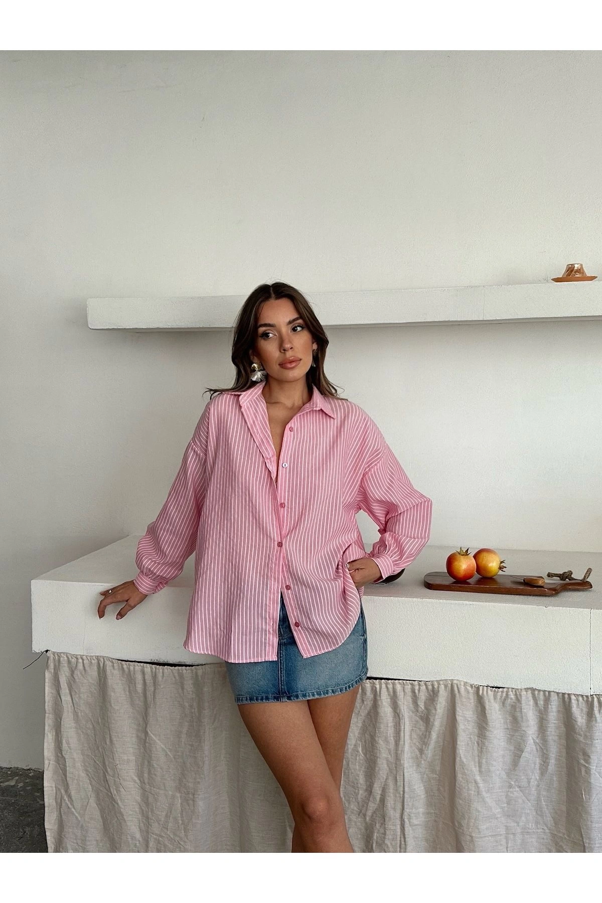 Kadın Pembe Premium Kalite Çizgili Oversize Balon Kol Gömlek