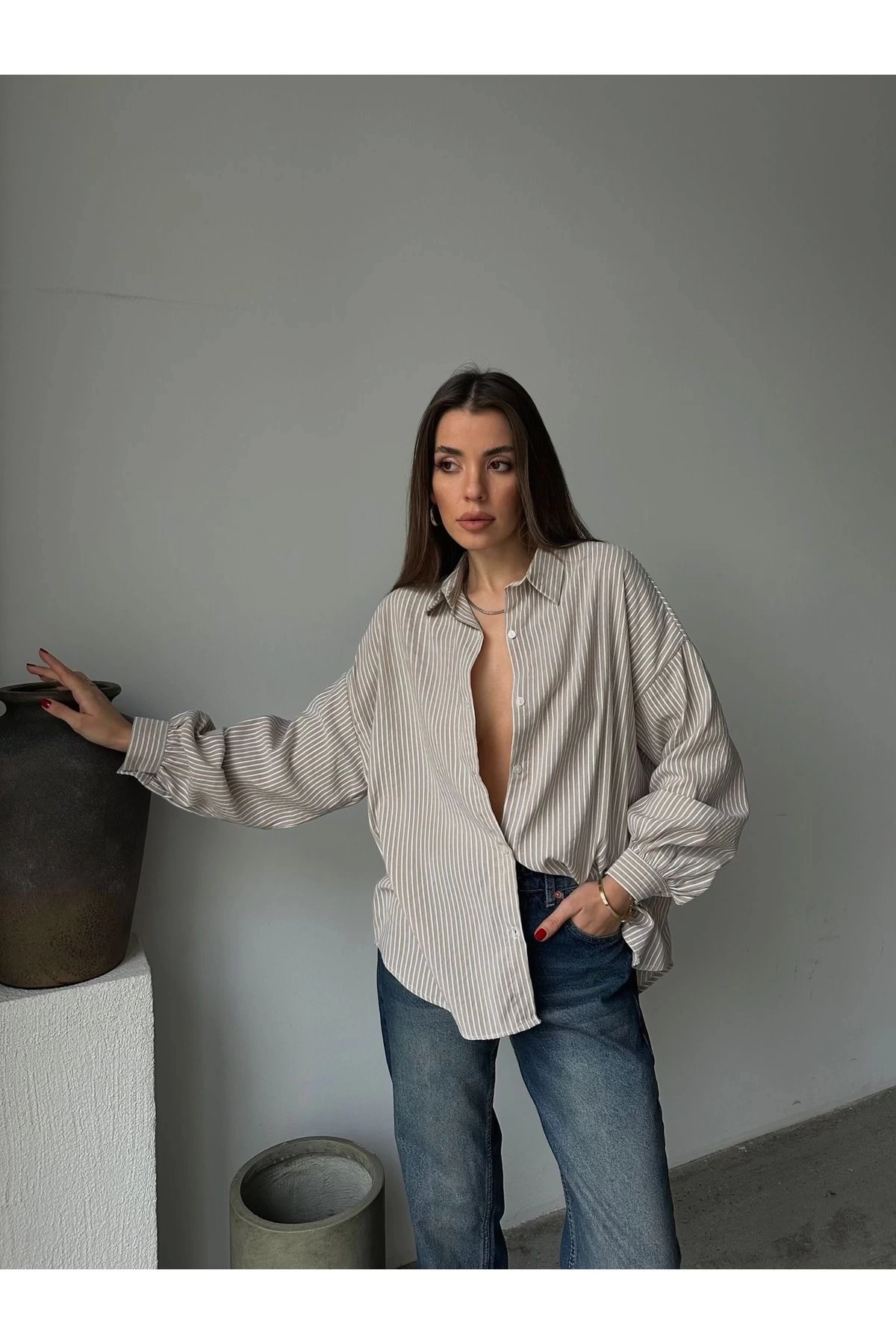 Kadın Premium Kalite Çizgili Oversize Balon Kol Gömlek - Kahverengi