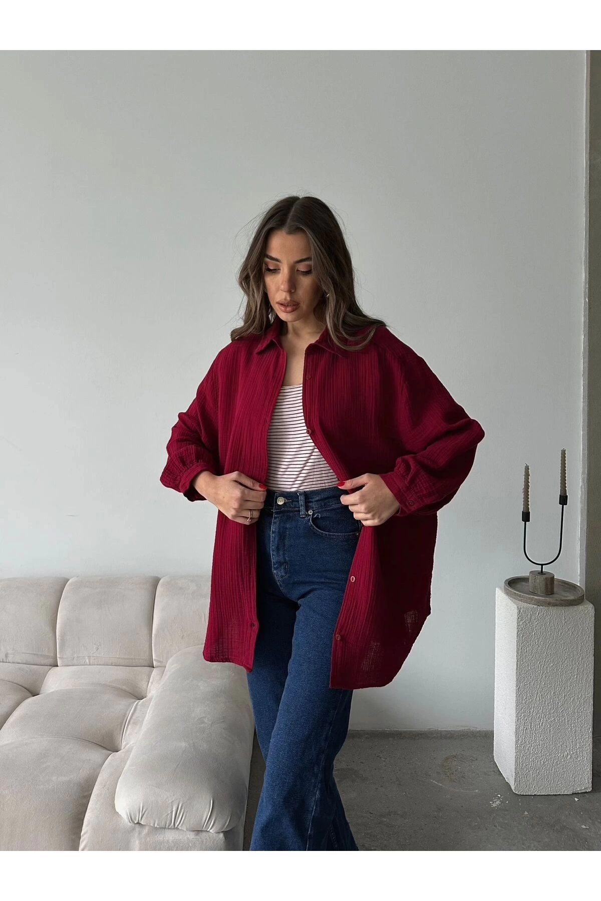 Kadın Bordo Müslim Kumaş Premium Gömlek