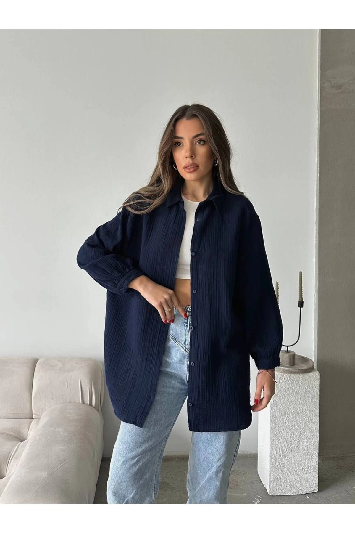 Kadın Lacivert Müslin Kumaş Premium Gömlek