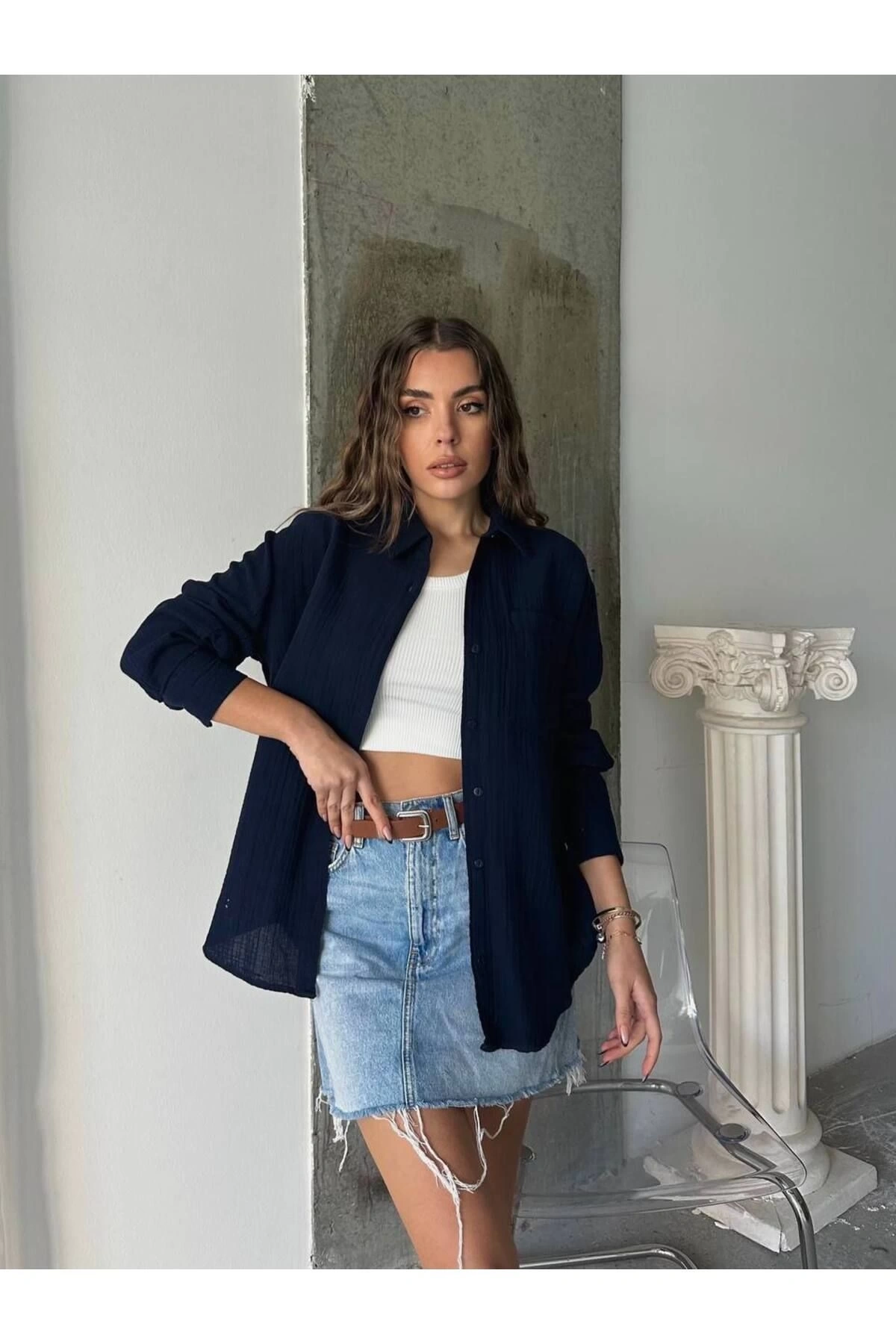 Kadın Lacivert Müslin Kumaş Premium Gömlek