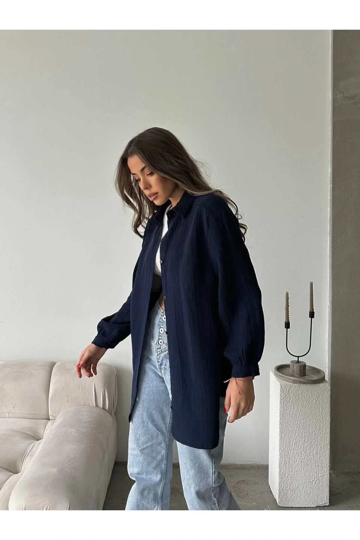 Kadın Lacivert Müslin Kumaş Premium Gömlek