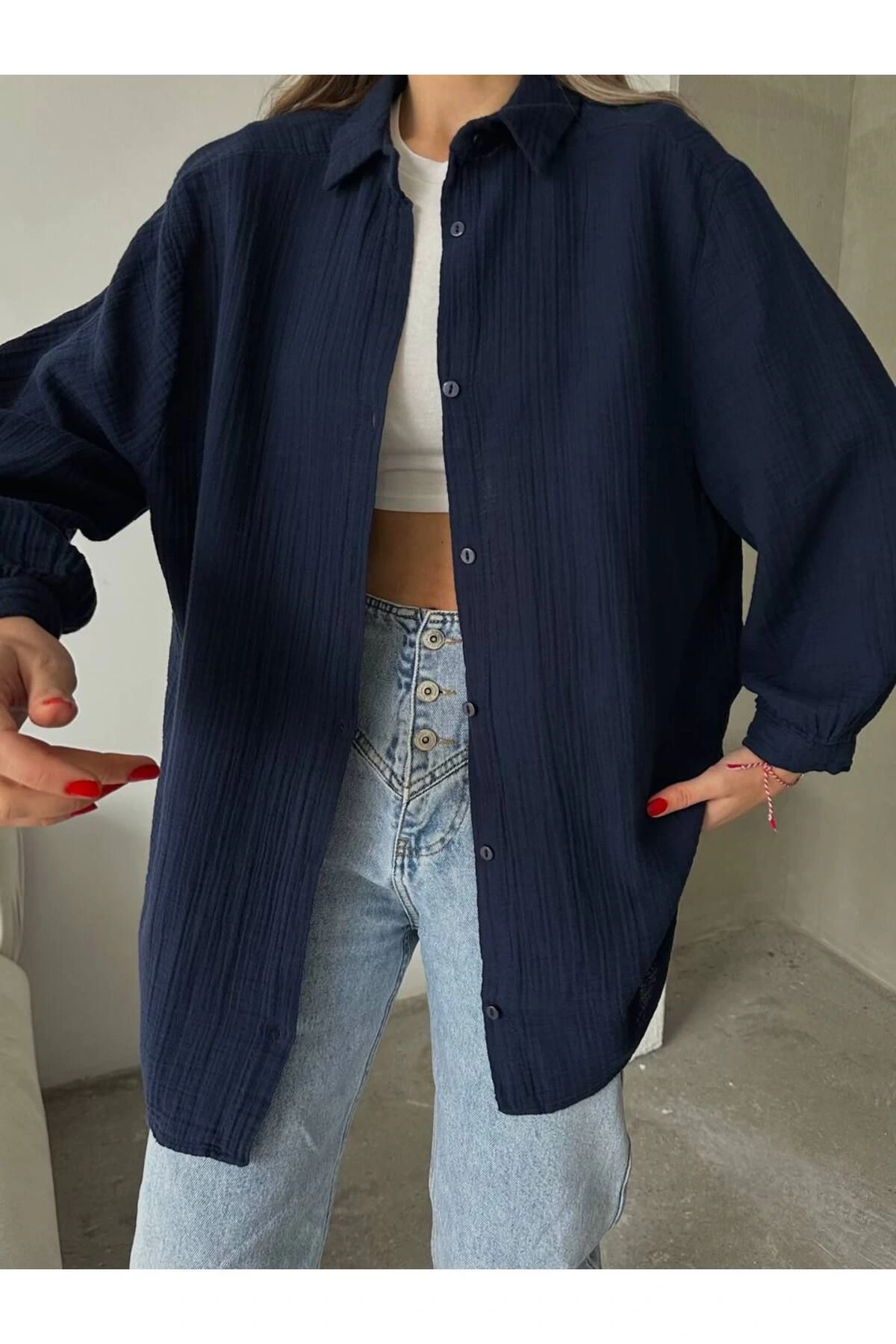 Kadın Lacivert Müslin Kumaş Premium Gömlek