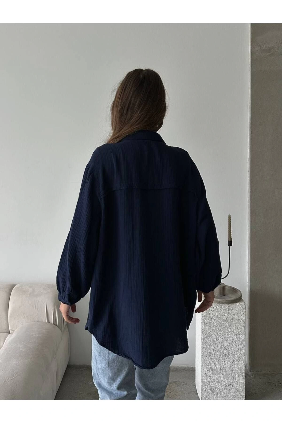 Kadın Lacivert Müslin Kumaş Premium Gömlek