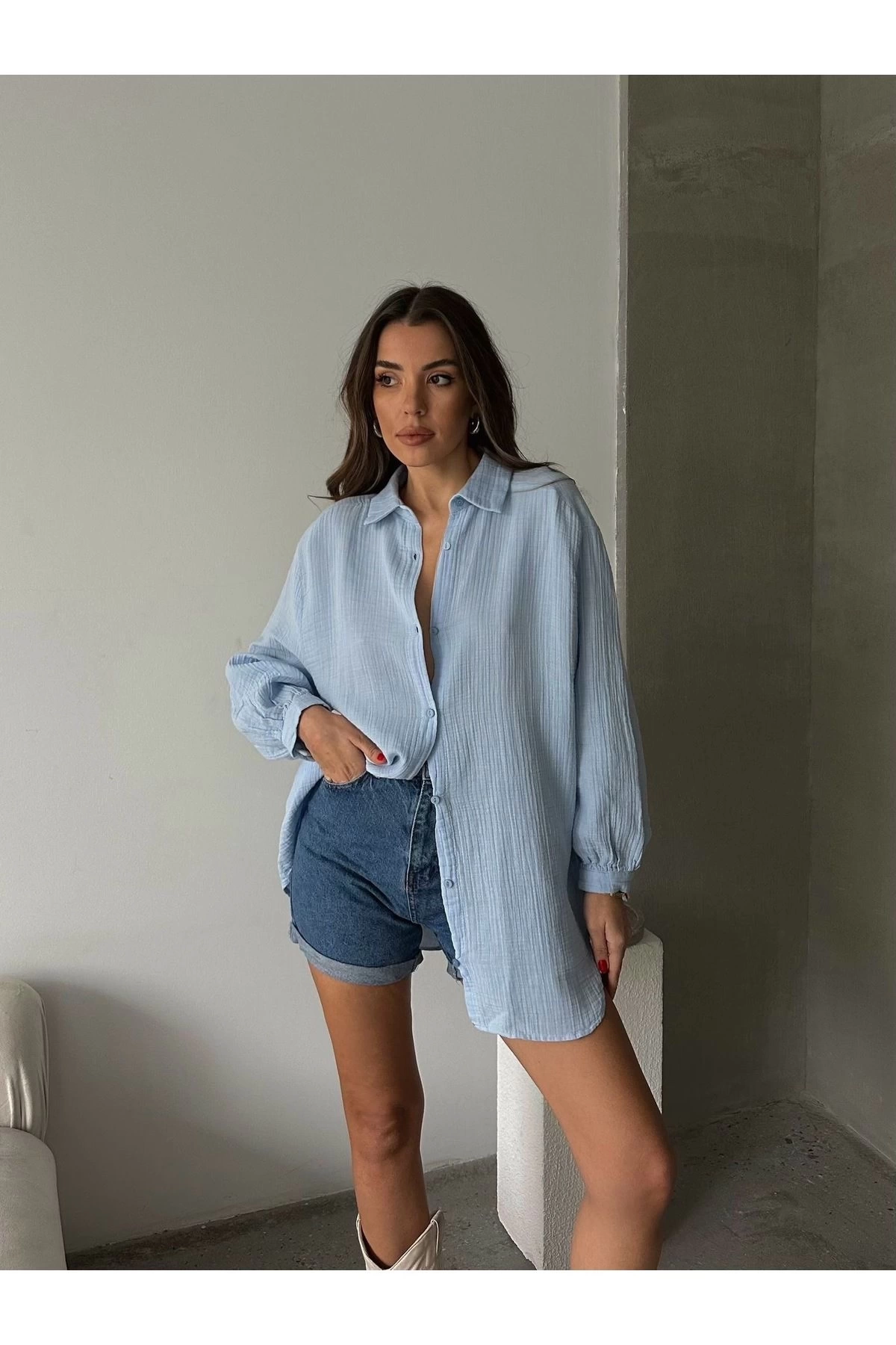 Kadın Bebe Mavisi Müslim Kumaş Premium Gömlek