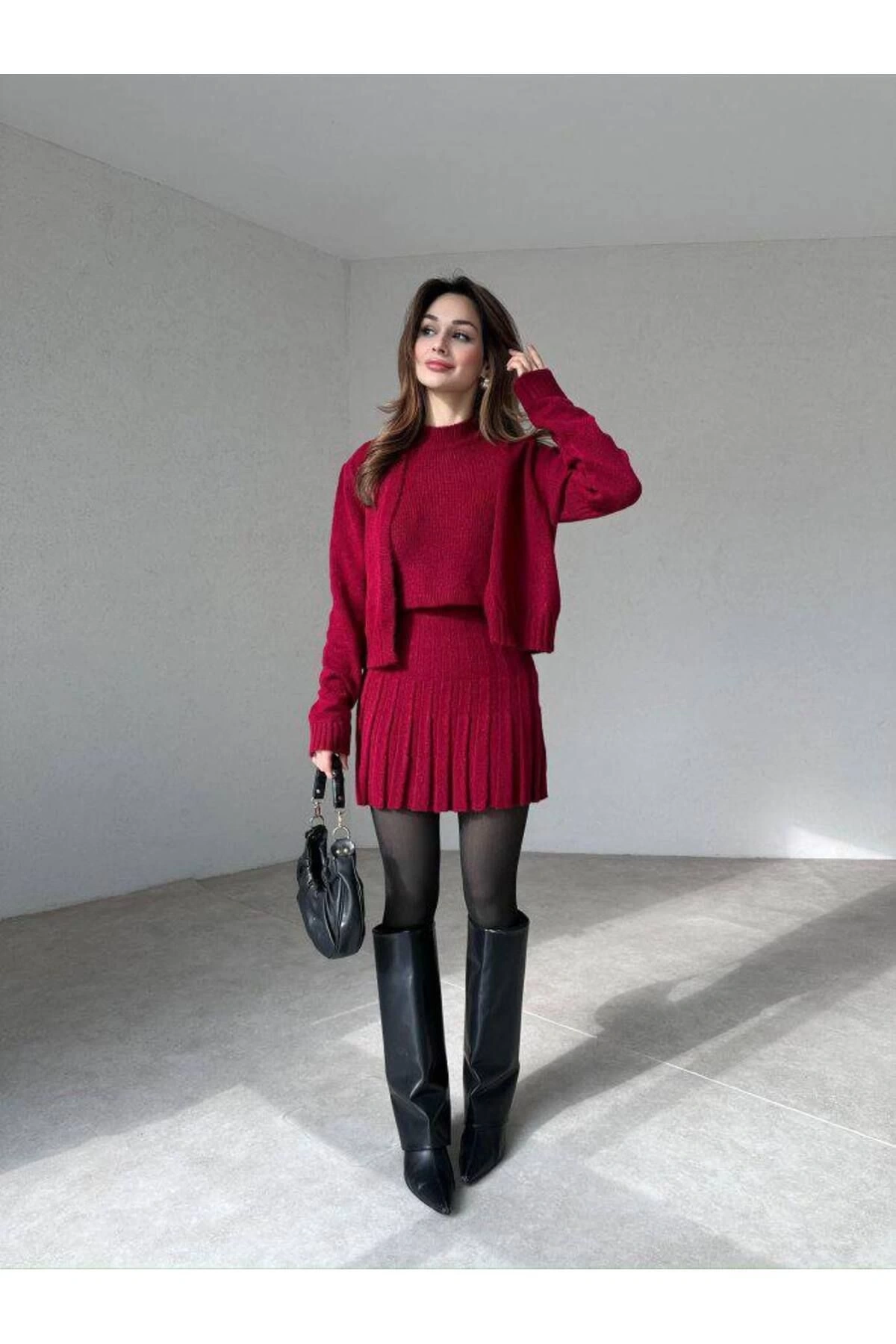 Kadın Bordo Hırka Bluz Yelek  3lü Triko Takım S/M