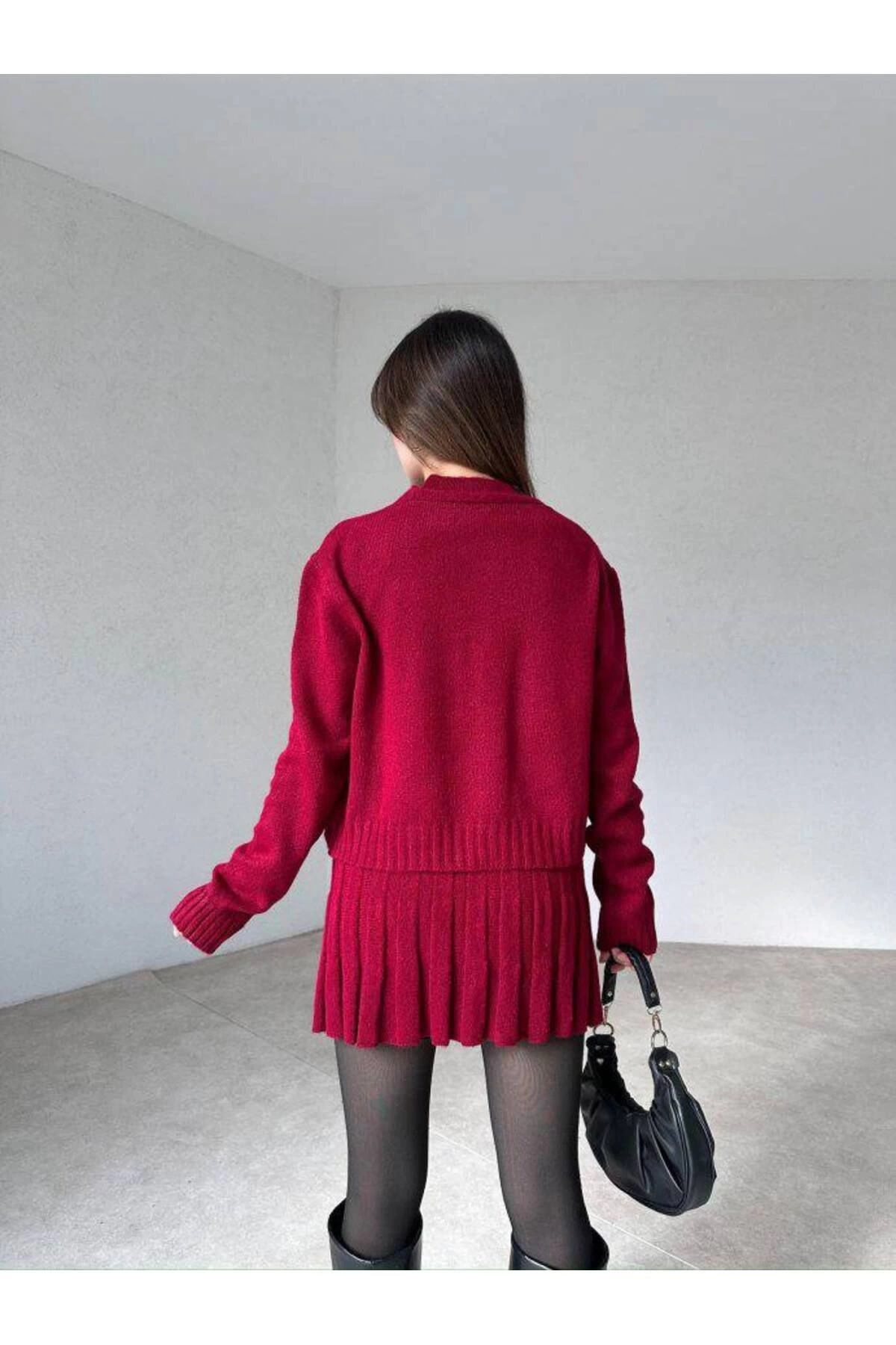 Kadın Bordo Hırka Bluz Yelek  3lü Triko Takım S/M