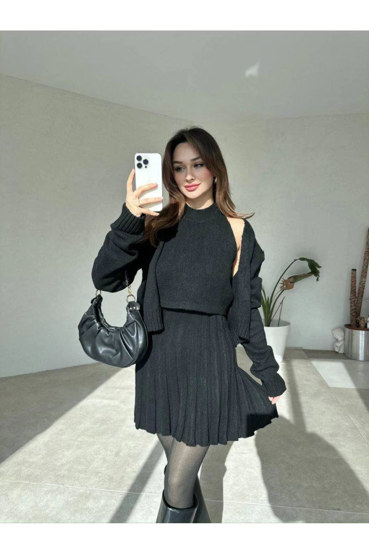 Kadın Siyah Hırka Bluz Yelek  3lü Triko Takım S/M