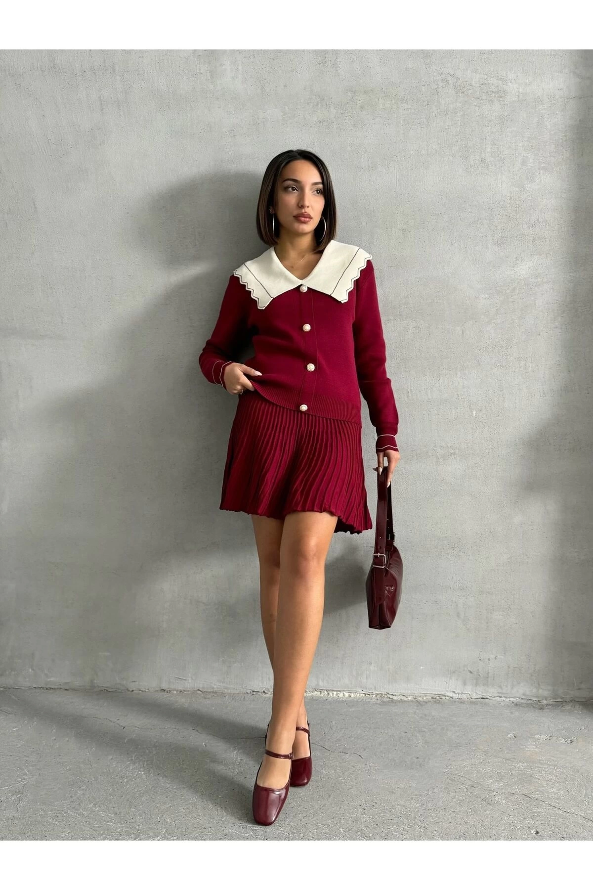 Kadın Bordo Şık Yaka Detaylı Hırka Bluz Etek Alt Üst İkili Takım