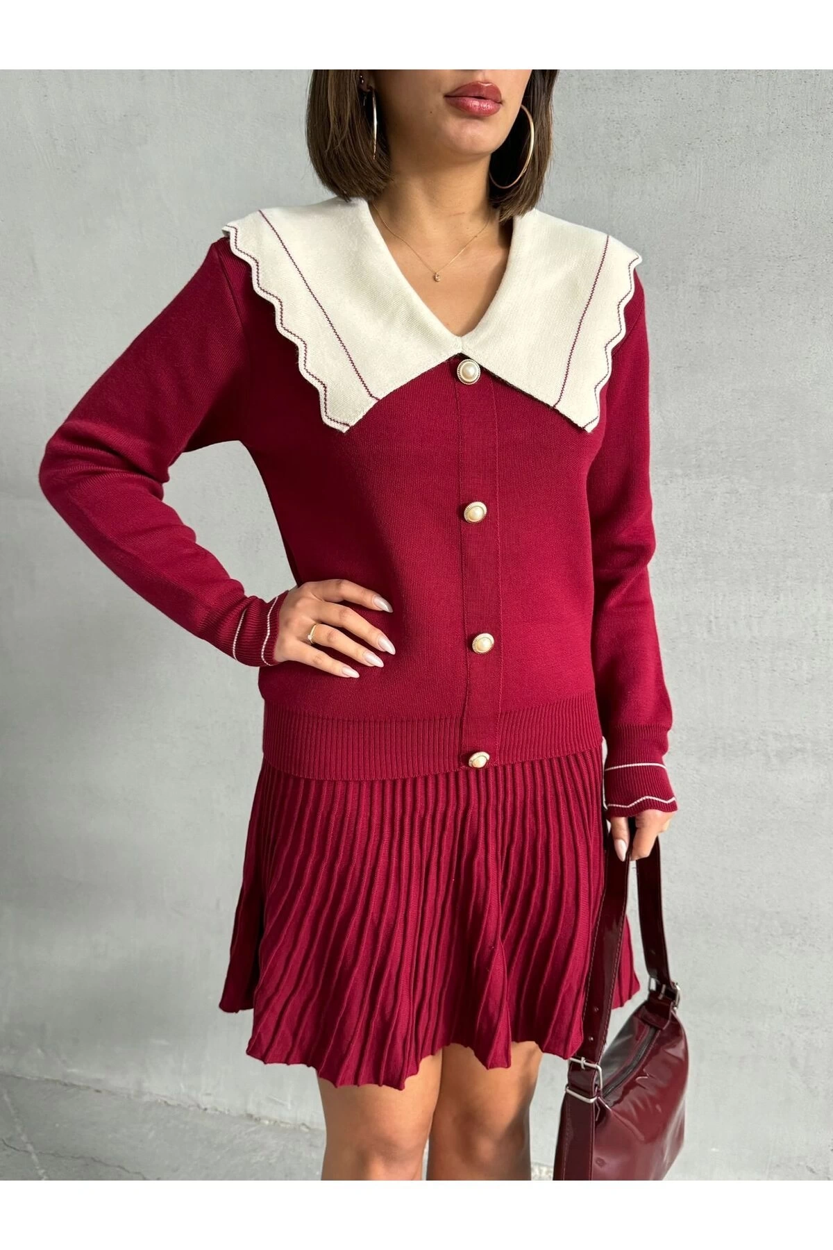 Kadın Bordo Şık Yaka Detaylı Hırka Bluz Etek Alt Üst İkili Takım