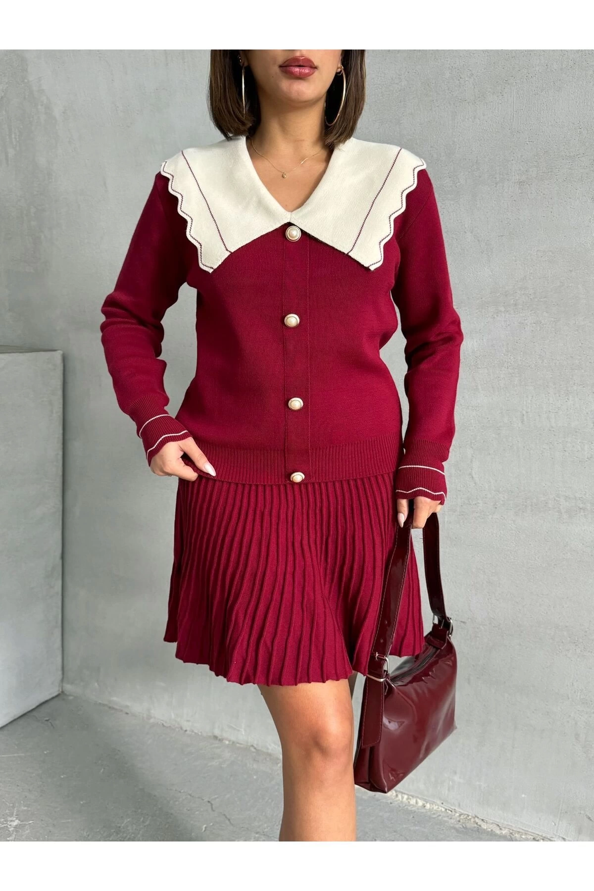 Kadın Bordo Şık Yaka Detaylı Hırka Bluz Etek Alt Üst İkili Takım