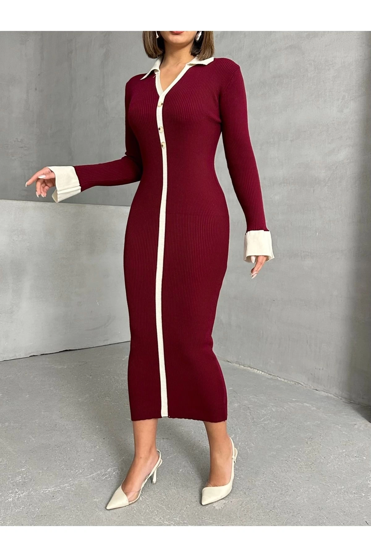 Kadın Bordo Polo Yaka Şık Kol Detaylı Midi Triko Elbise