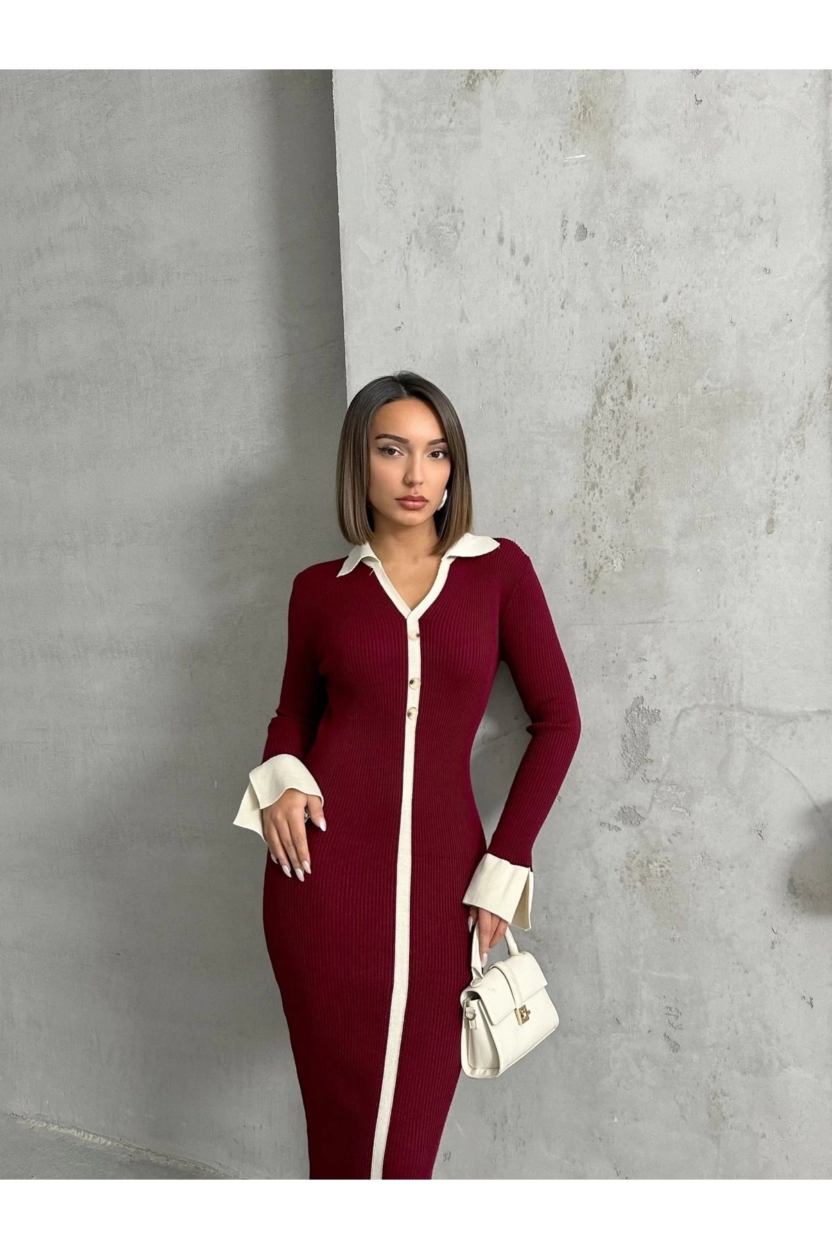 Kadın Bordo Polo Yaka Şık Kol Detaylı Midi Triko Elbise
