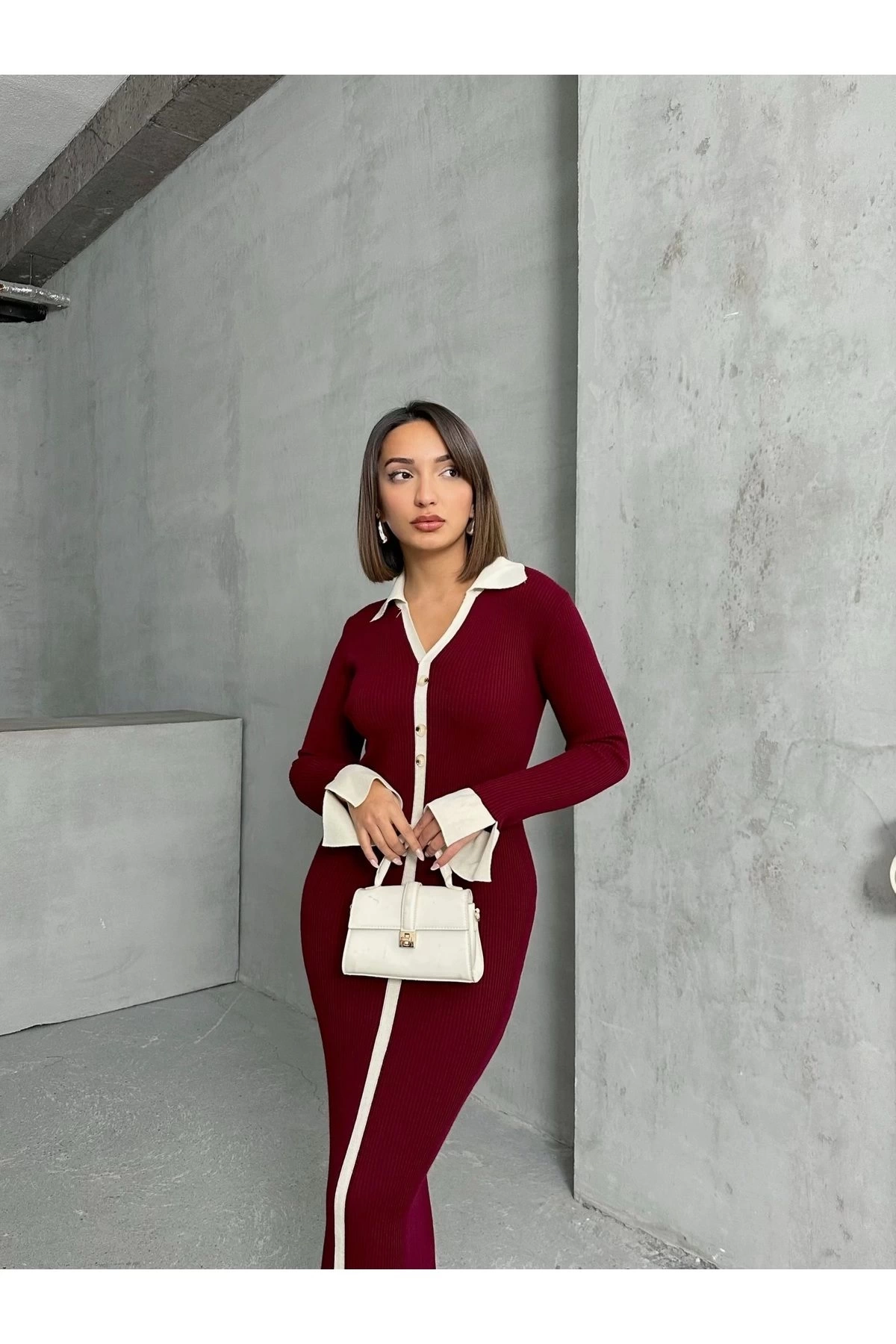 Kadın Bordo Polo Yaka Şık Kol Detaylı Midi Triko Elbise