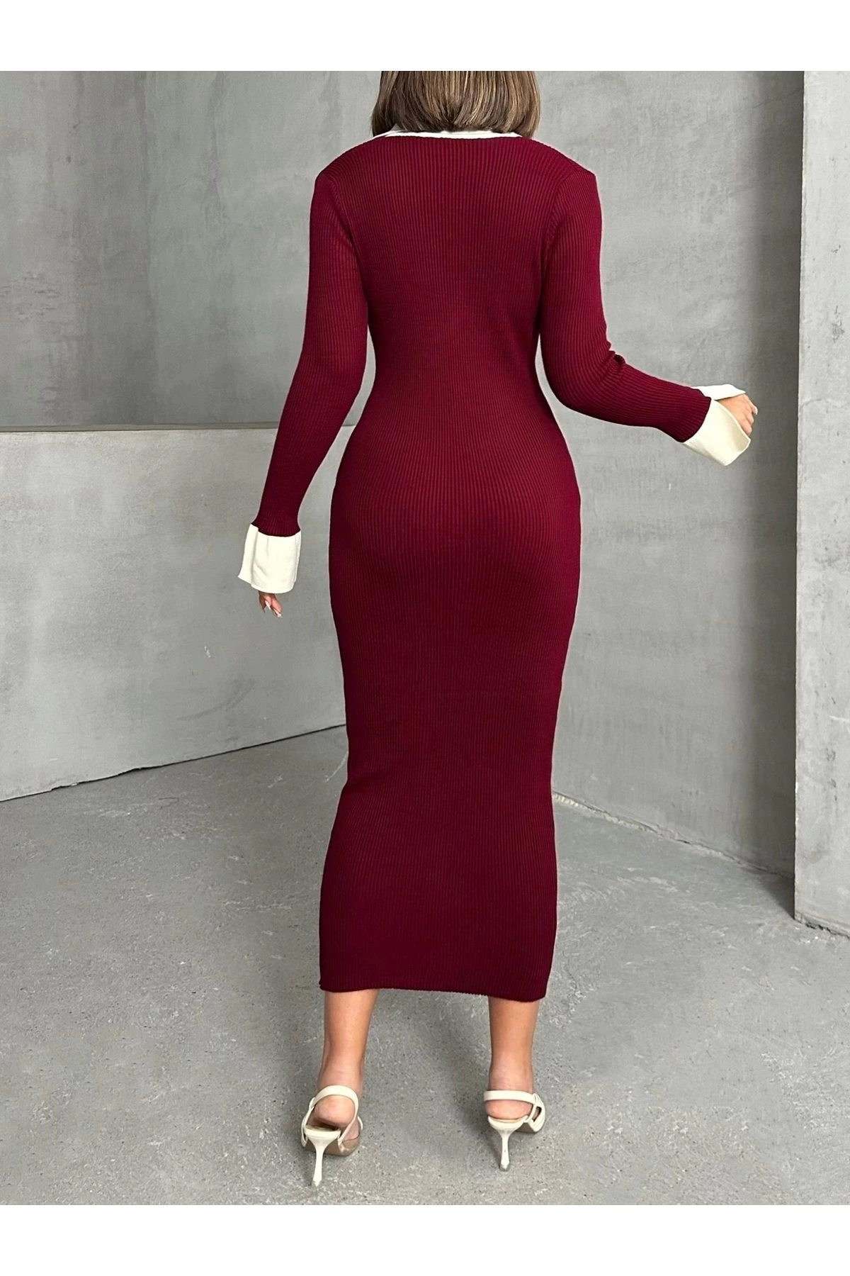 Kadın Bordo Polo Yaka Şık Kol Detaylı Midi Triko Elbise