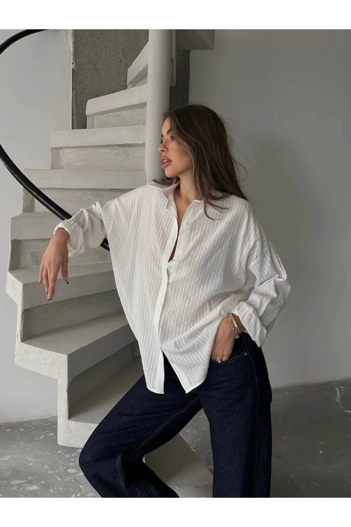 Kadın Ekru Premium Kalite Çizgili Oversize Tiril Gömlek