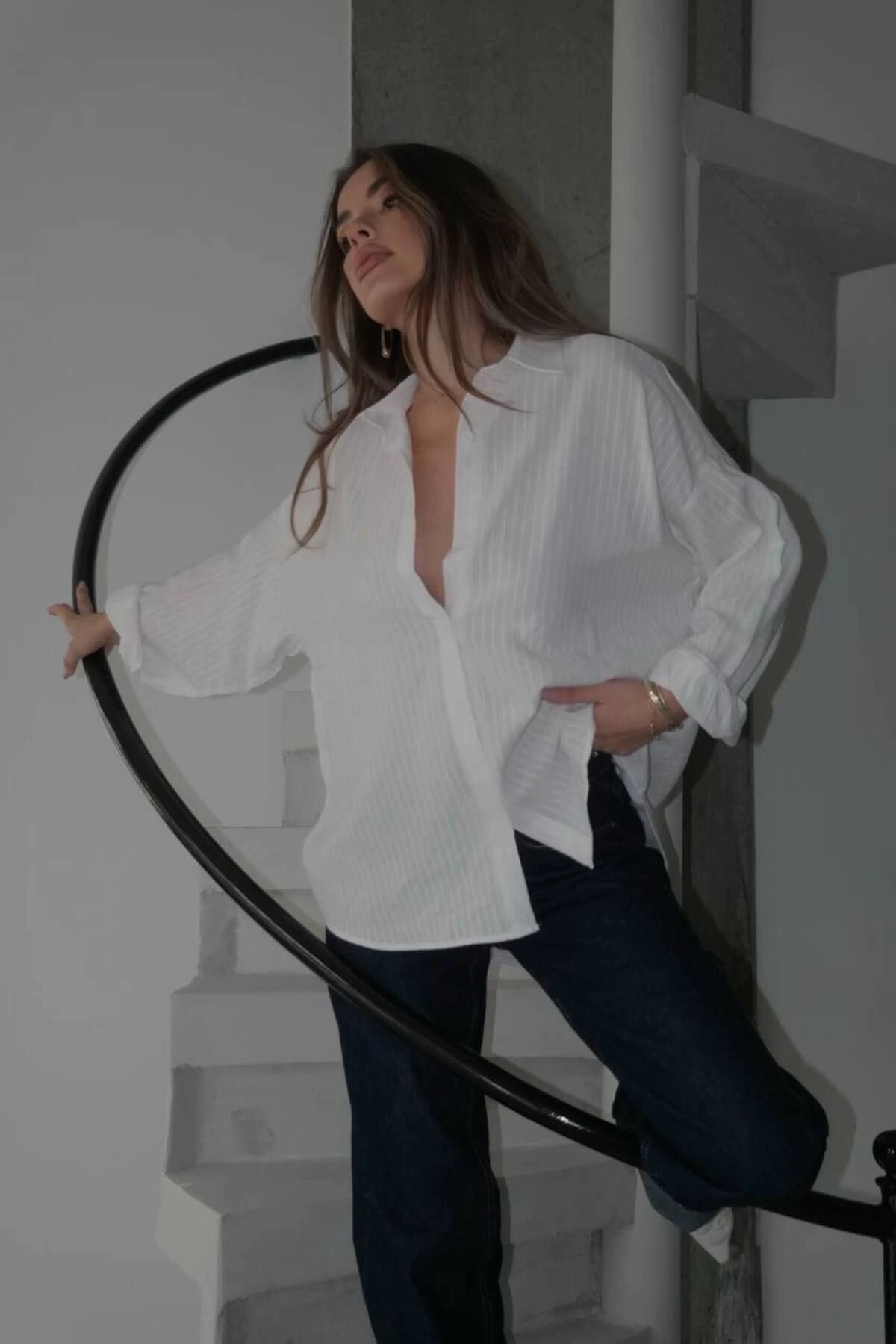 Kadın Ekru Premium Kalite Çizgili Oversize Tiril Gömlek