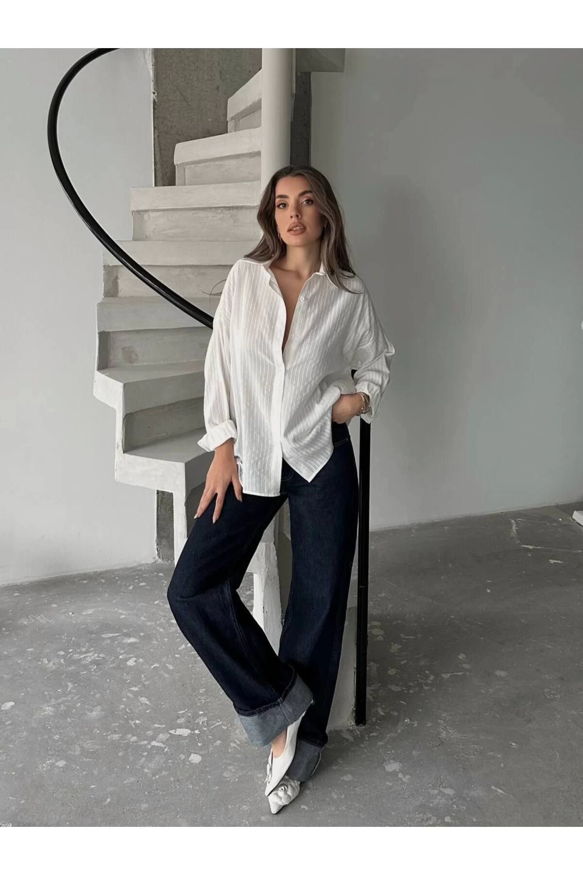 Kadın Ekru Premium Kalite Çizgili Oversize Tiril Gömlek