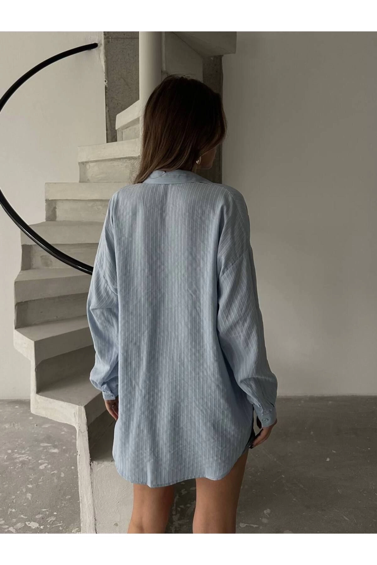 Kadın Bebe Mavisi Premium Kalite Çizgili Oversize Tiril Gömlek