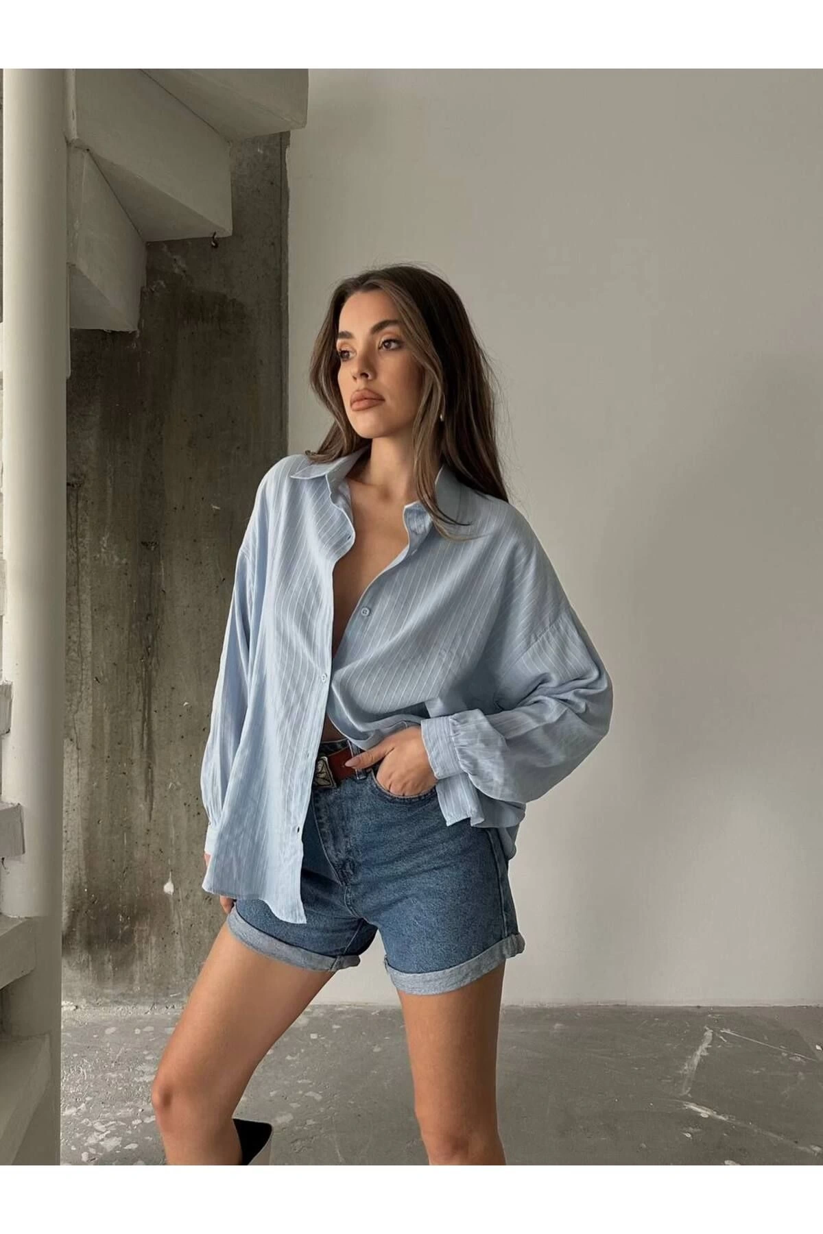 Kadın Bebe Mavisi Premium Kalite Çizgili Oversize Tiril Gömlek