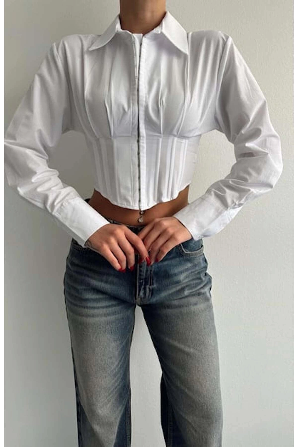 Kadın Fit Kesim Korse Detay Dokuma Crop Gömlek - Beyaz