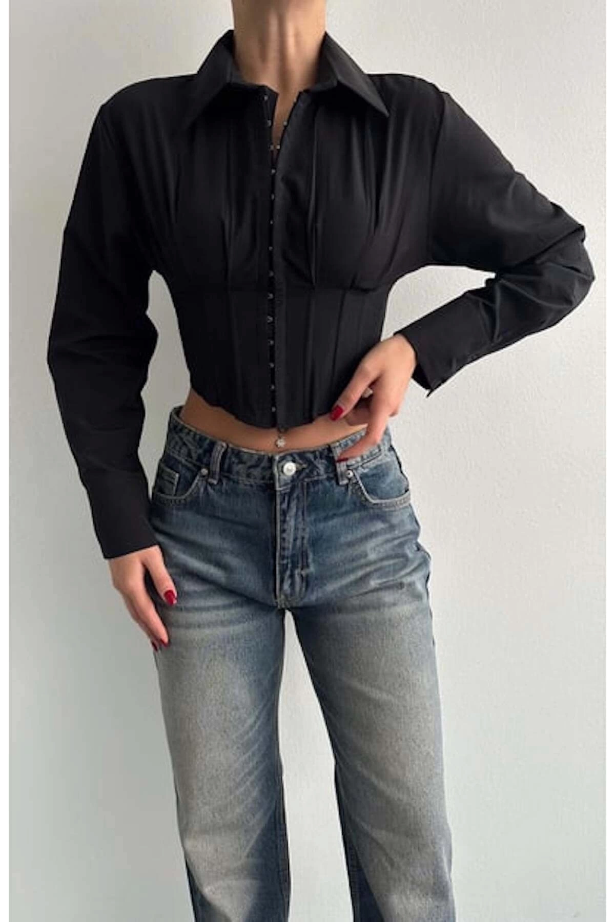 Kadın Fit Kesim Korse Detay Dokuma Crop Gömlek - Siyah