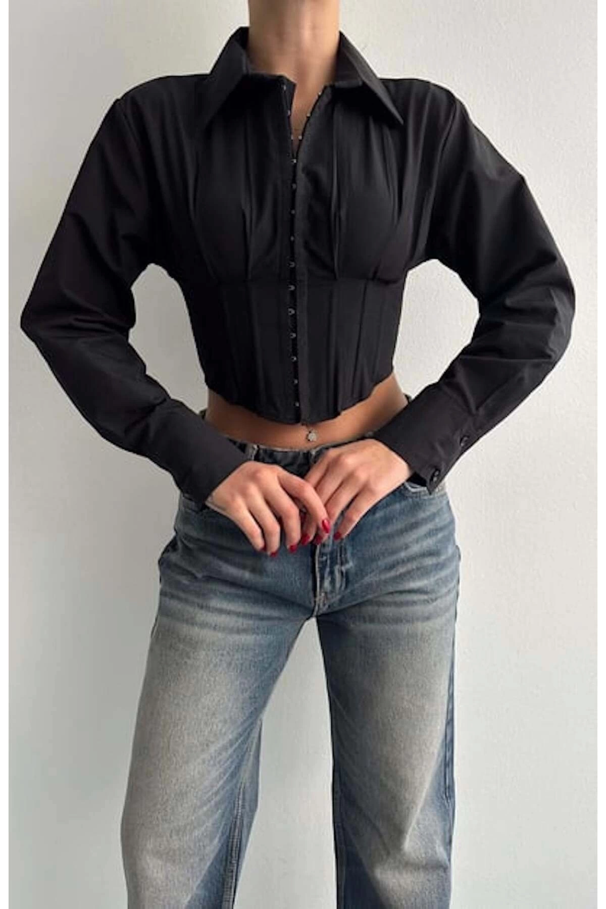Kadın Fit Kesim Korse Detay Dokuma Crop Gömlek - Siyah