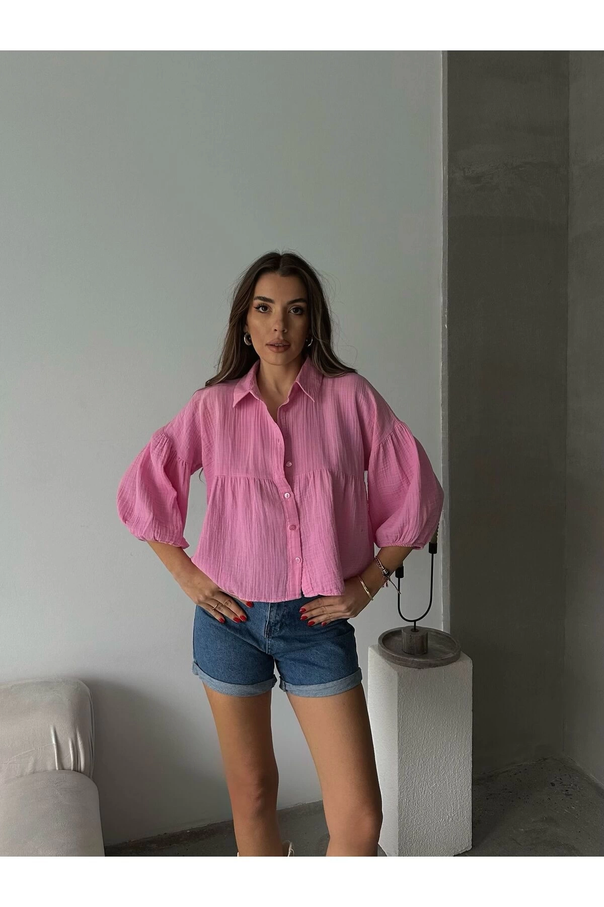Kadın Pembe Kısa Balon Müslin Kumaş Premium Gömlek