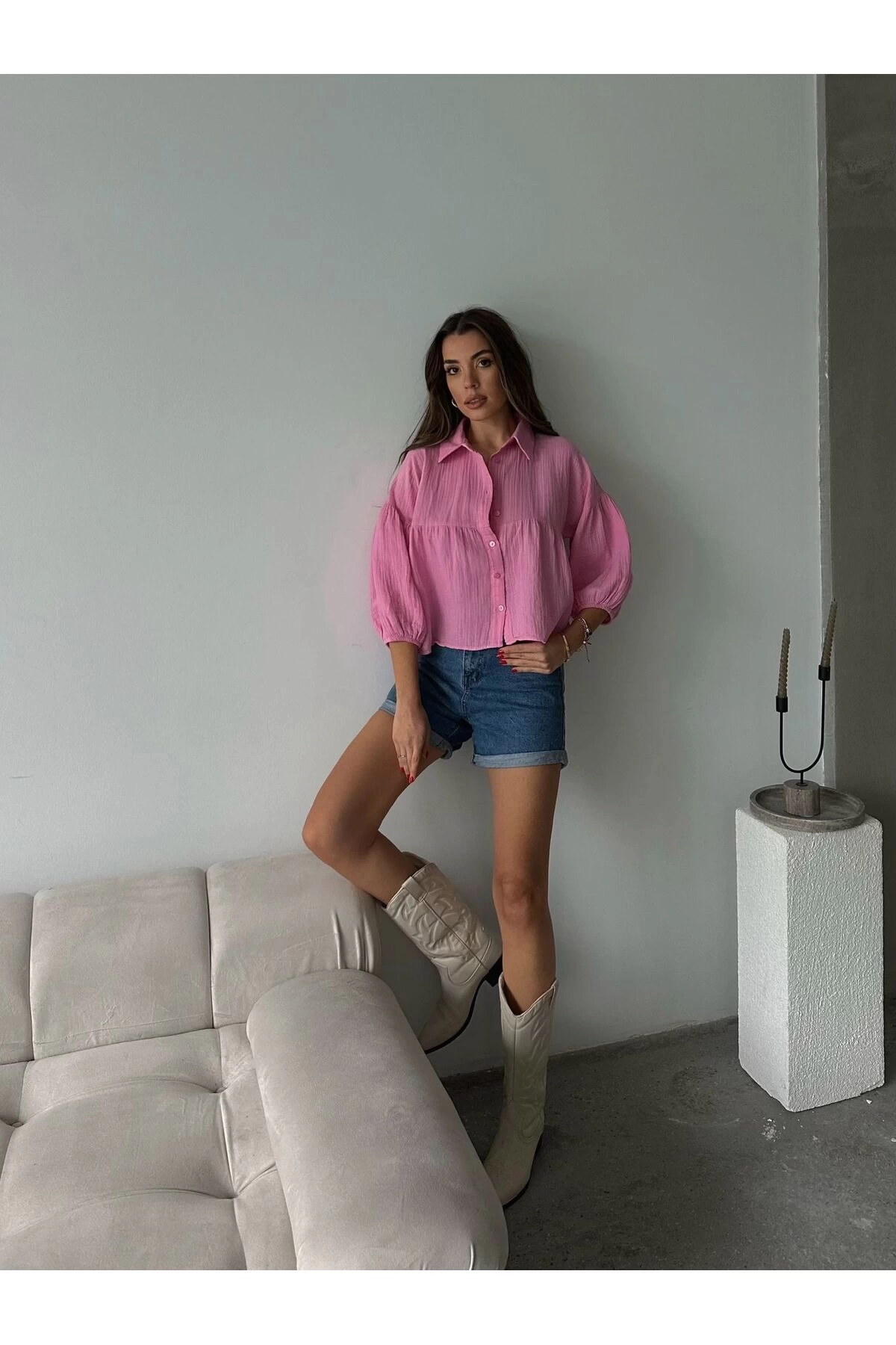 Kadın Pembe Kısa Balon Müslin Kumaş Premium Gömlek