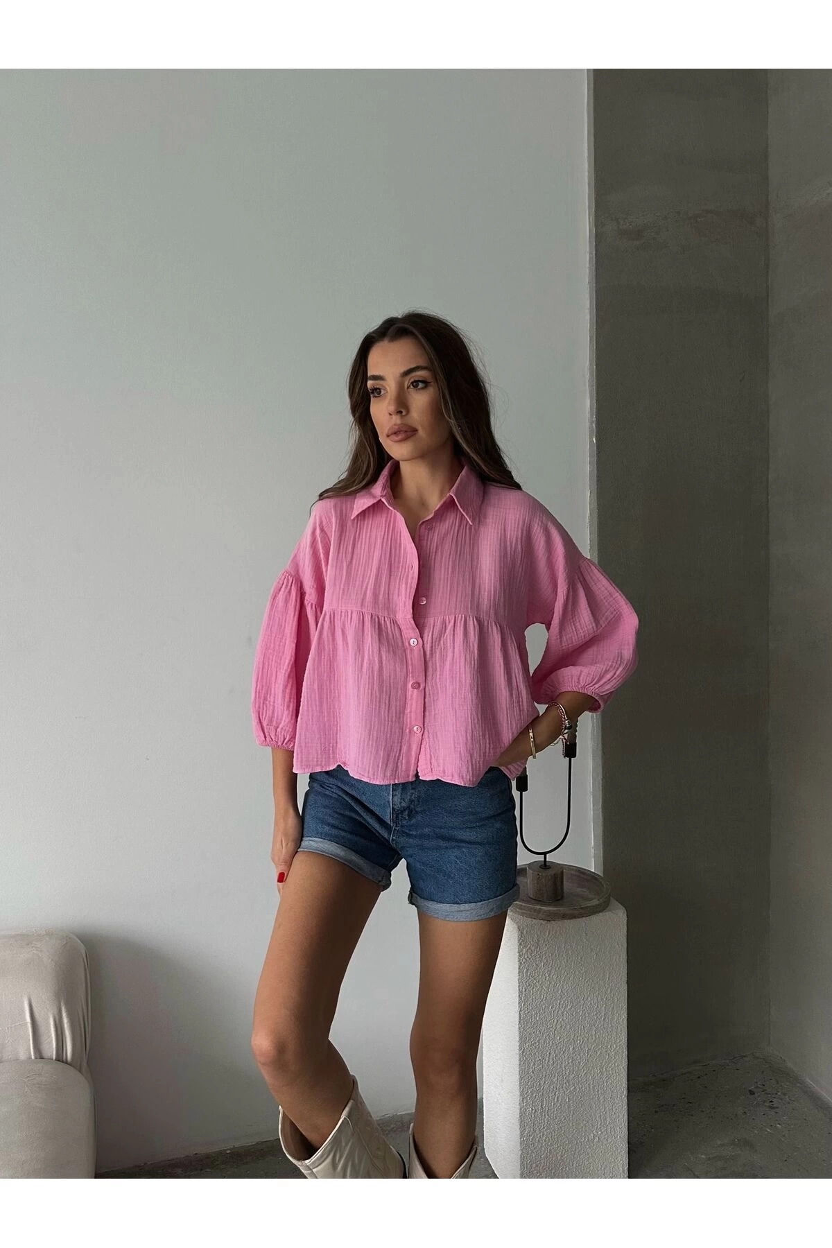 Kadın Pembe Kısa Balon Müslin Kumaş Premium Gömlek