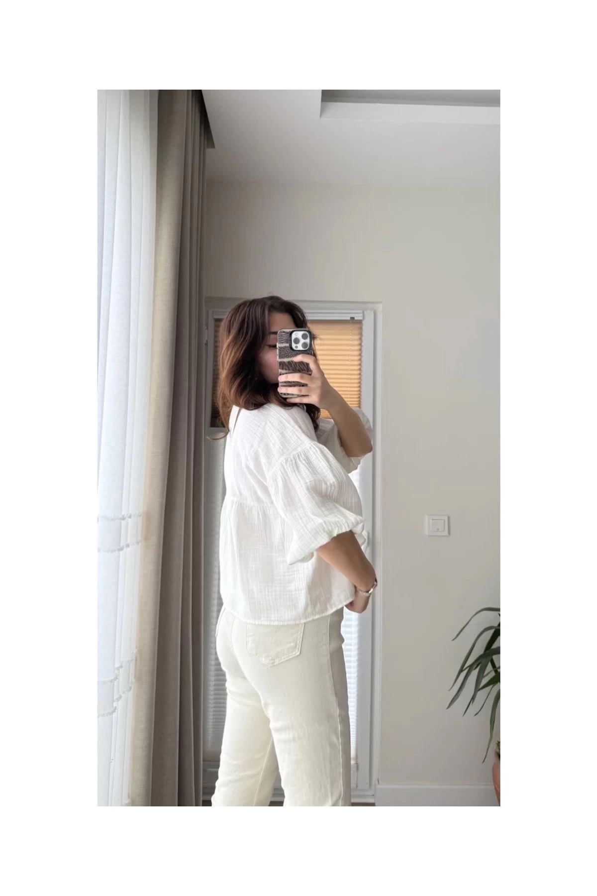 Kadın Ekru Kısa Balon Müslin Kumaş Premium Gömlek