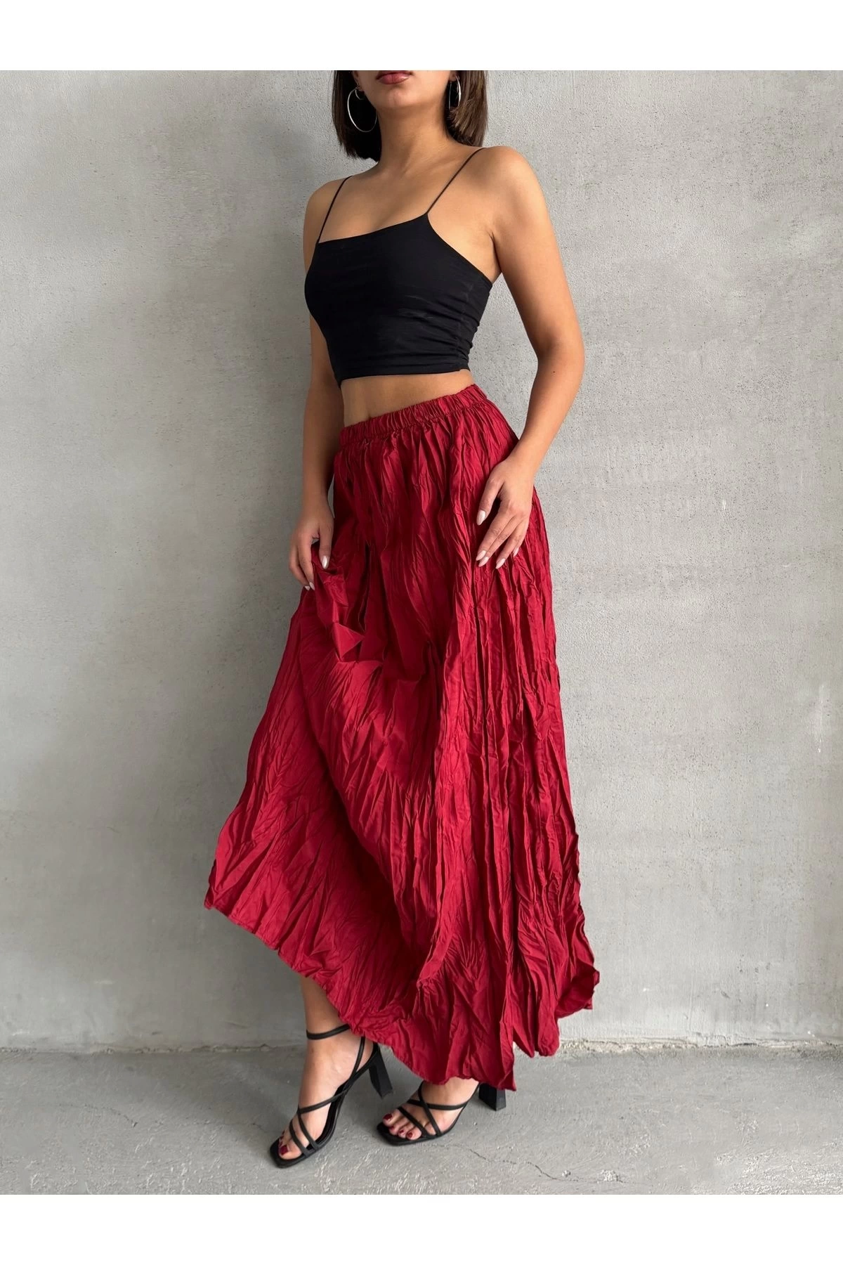 Kadın Yüksek Bel Kırışık Model Midi Boy Etek